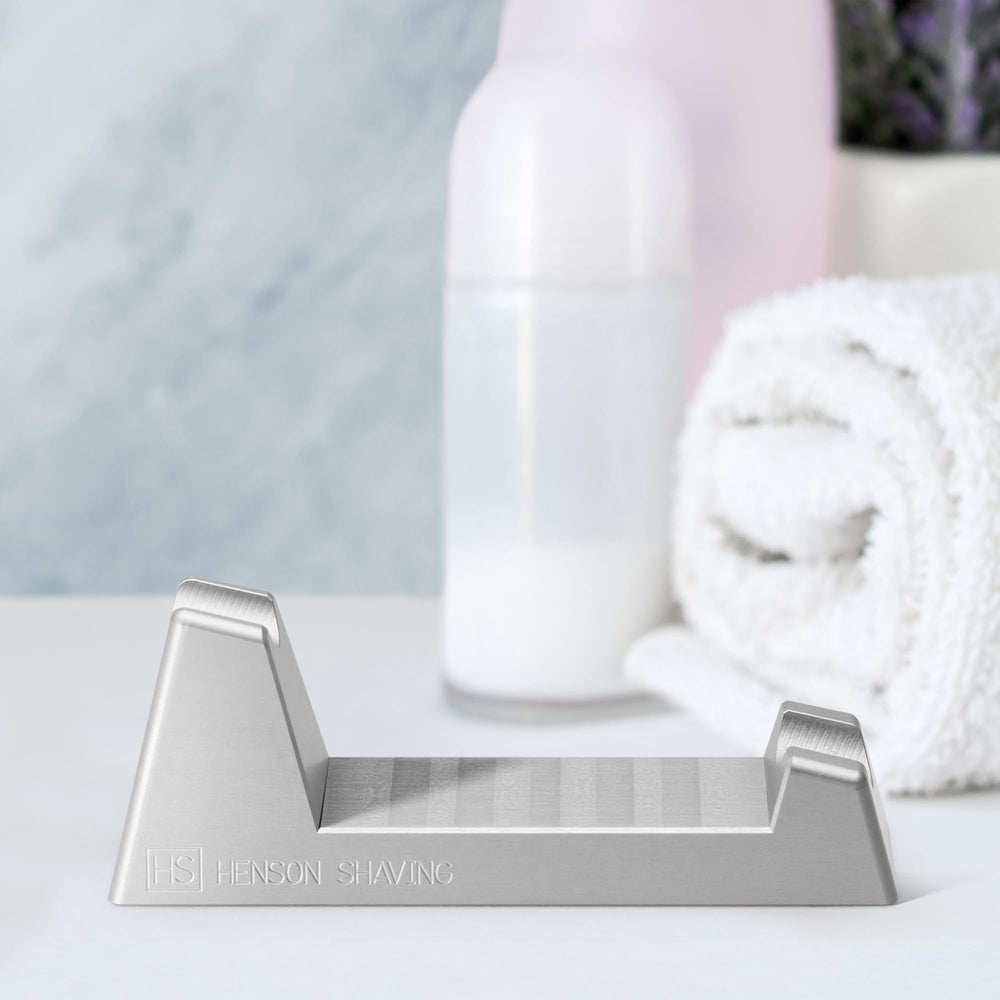 Henson Razor Stand lightweight-design minimizes clutter on the vanity.