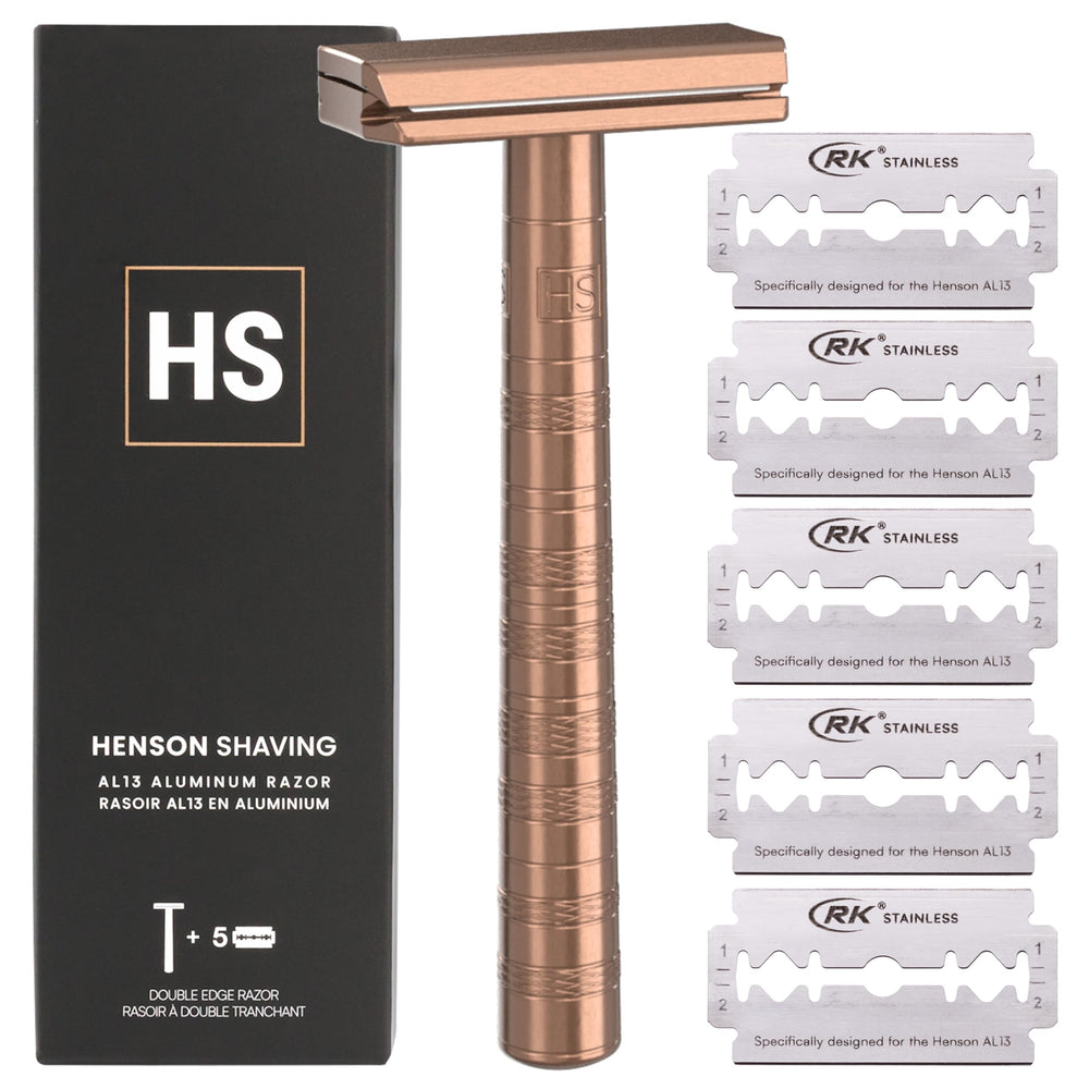 Henson Shaving copper double edge razor close-up highlighting balanced design