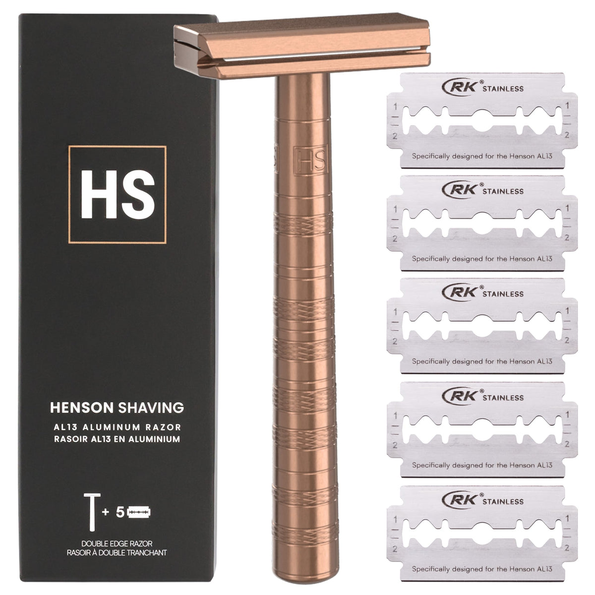 Henson Shaving copper double edge razor close-up highlighting balanced design