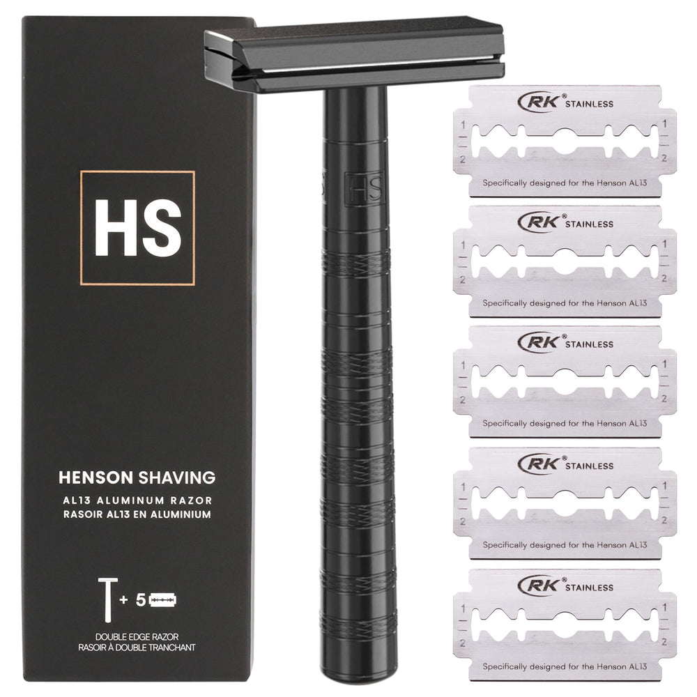 Henson Shaving Razor jet-black razor head detail for a precise, irritation-minimizing shave.