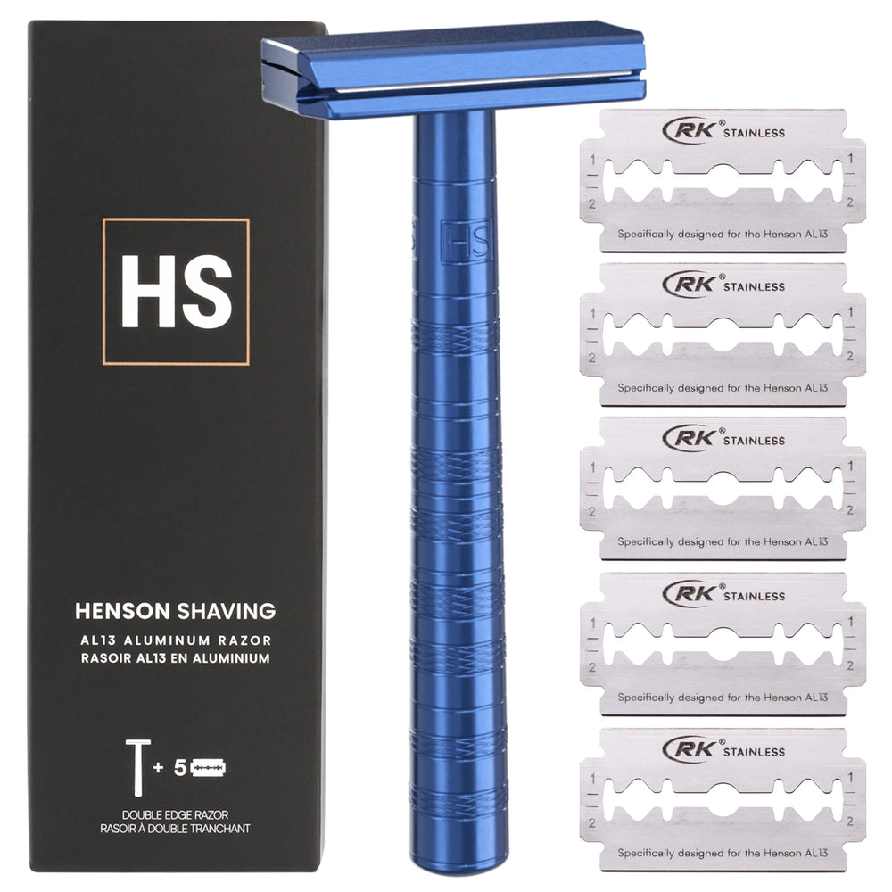 Henson Shaving Razor steel blue angle demonstrates precise 30° shave for smoother skin.