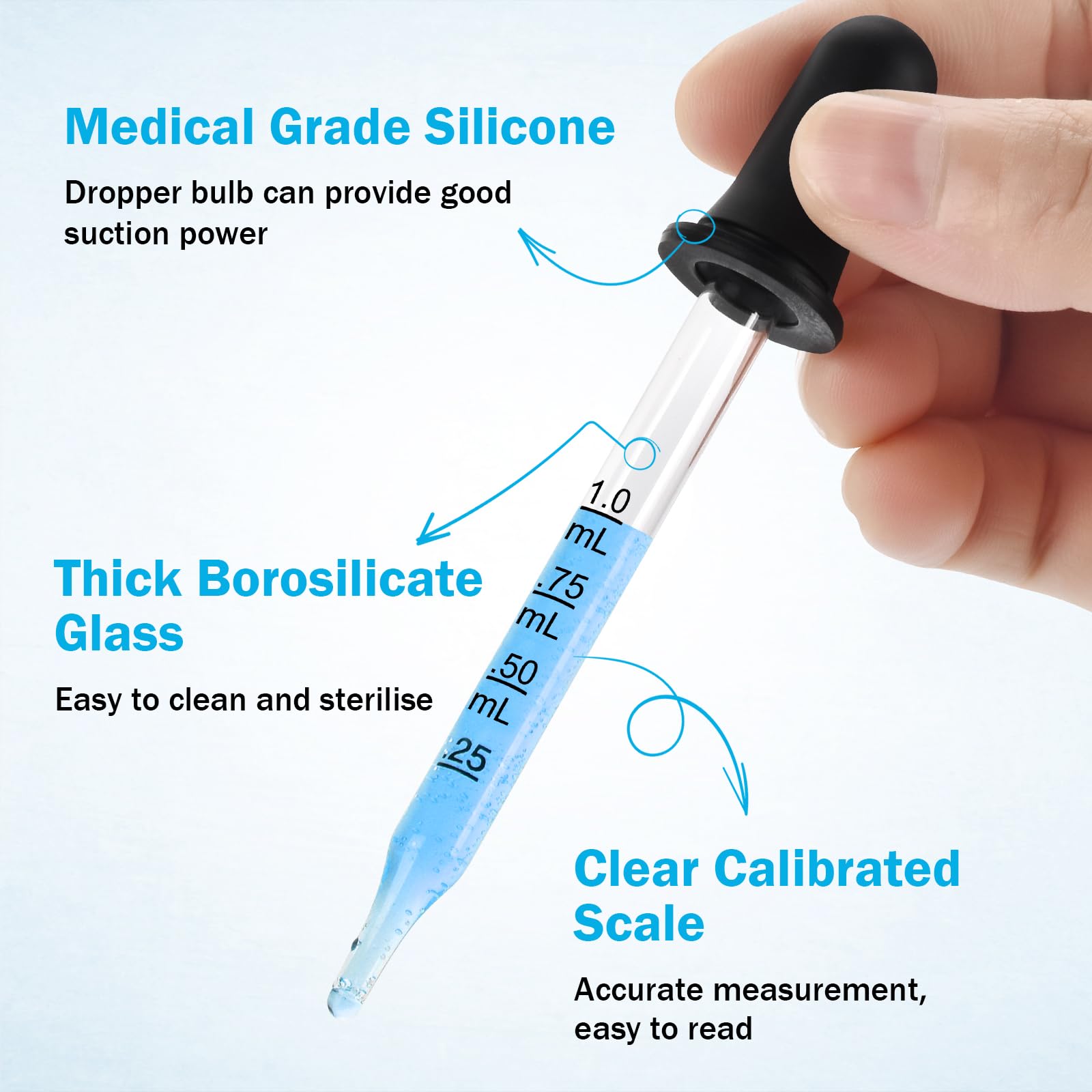 Herain rubber bulb offers smooth suction for controlled drops.