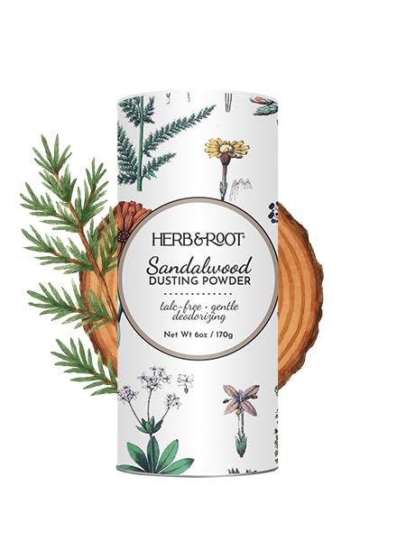Herb & Root sandalwood dust powder bottle with refreshing, talc-free feel.