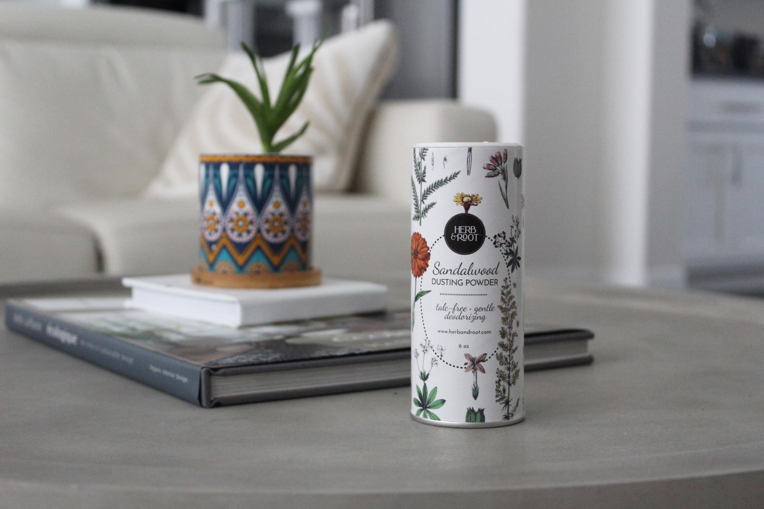 Herb & Root sandalwood scent powder after moisturizing for a calming aroma.