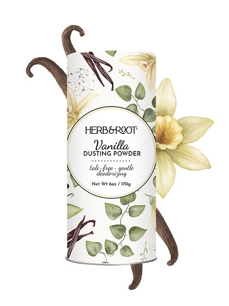 Herb & Root rose talc-free body dusting powder on skin for gentle, long-lasting freshness.