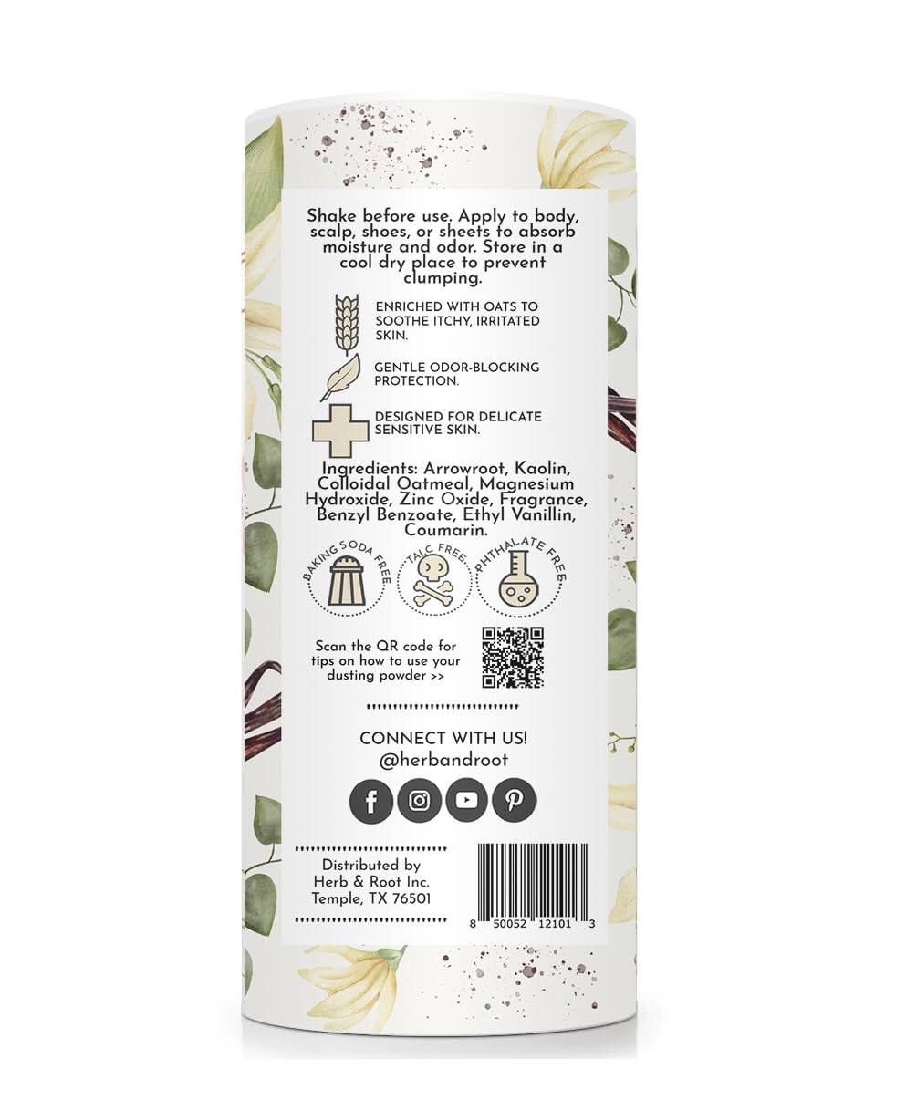 Herb & Root vanilla talc-free powder with warm fragrance for daily comfort.