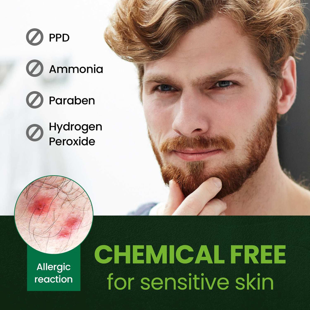 Herb Speedy Herb For Men Mustache & Beard Dye color swatches show the dark brown shade.