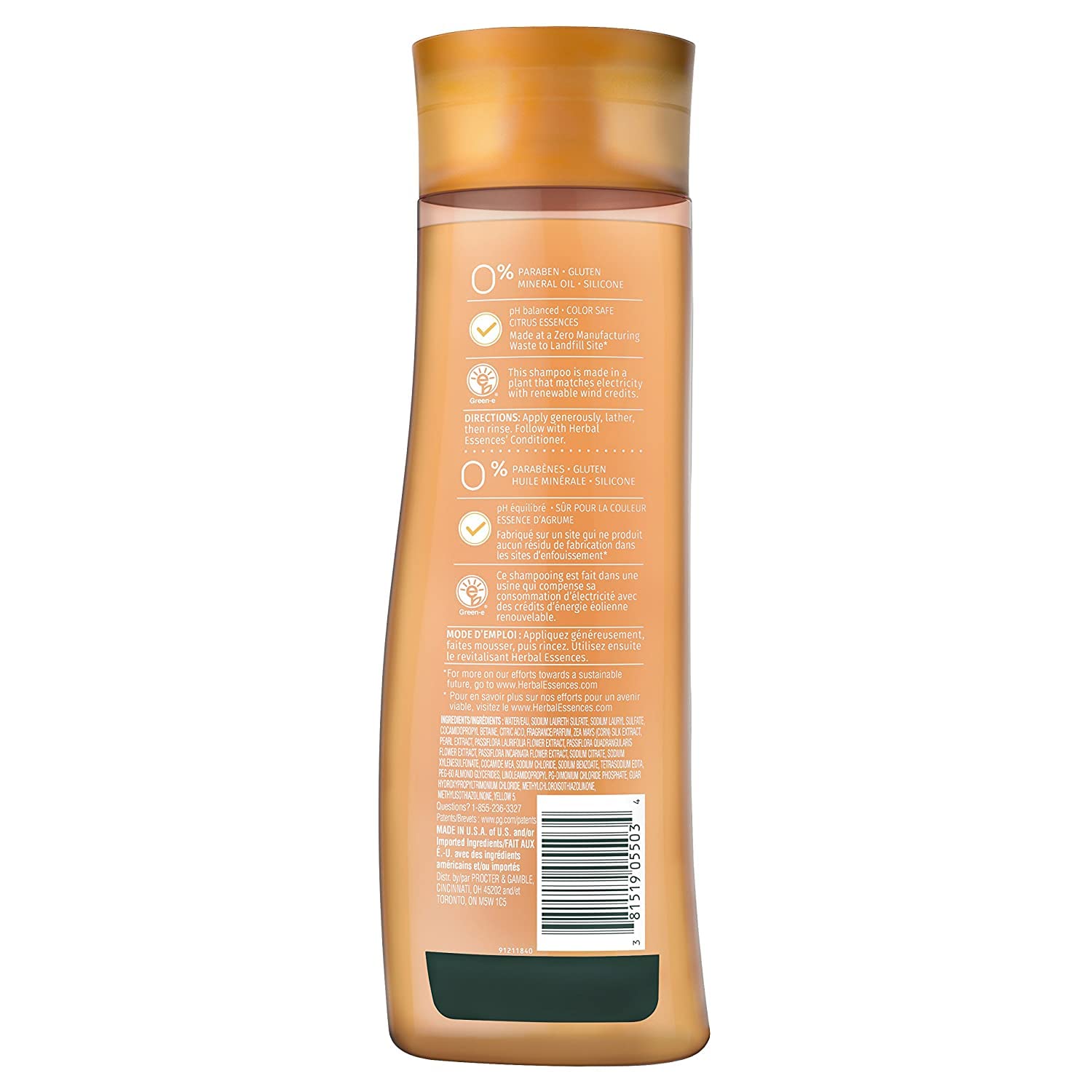 Herbal Essences Body Envy back-of-bottle highlights gluten-free and mineral oil-free claim