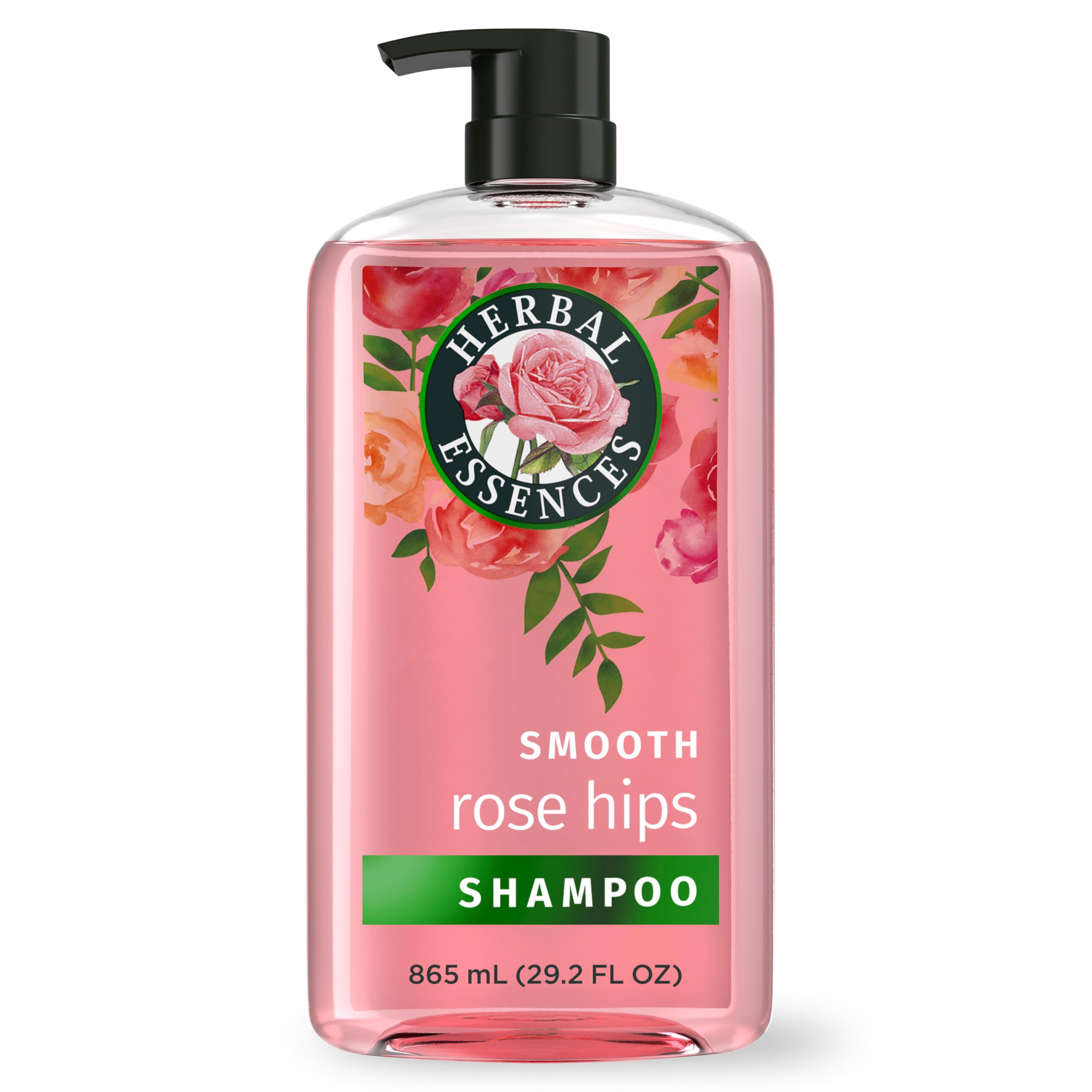 Champú Herbal Essences con escaramujos de rosa para brillo suave en el cabello.