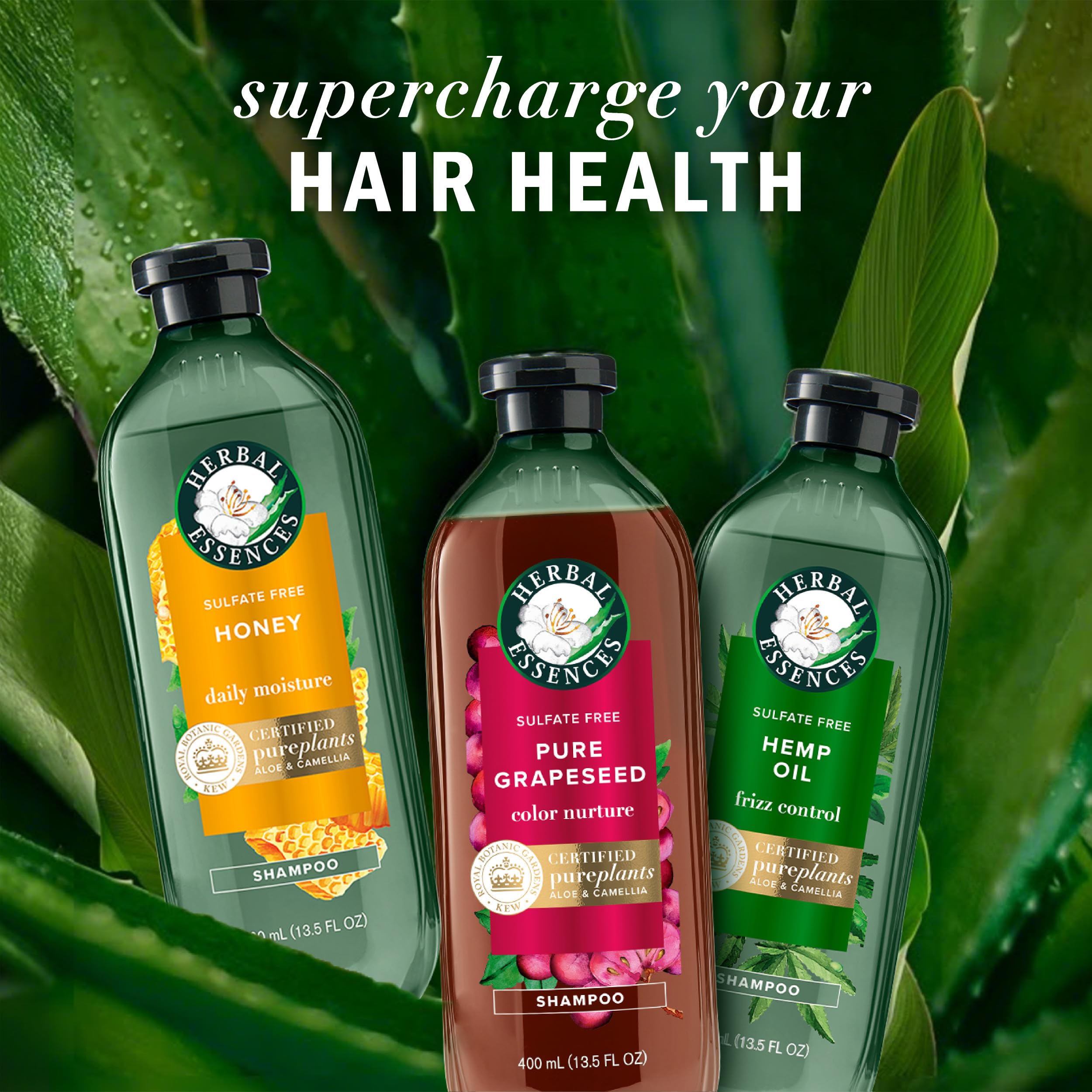 Herbal Essences packaging emphasizes sulfate-free and cruelty-free credentials.