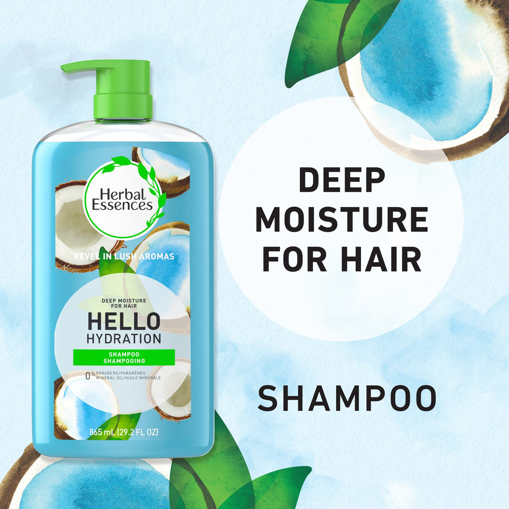 Herbal Essences Hello Hydration color-safe, pH-balanced formula on the bottle.