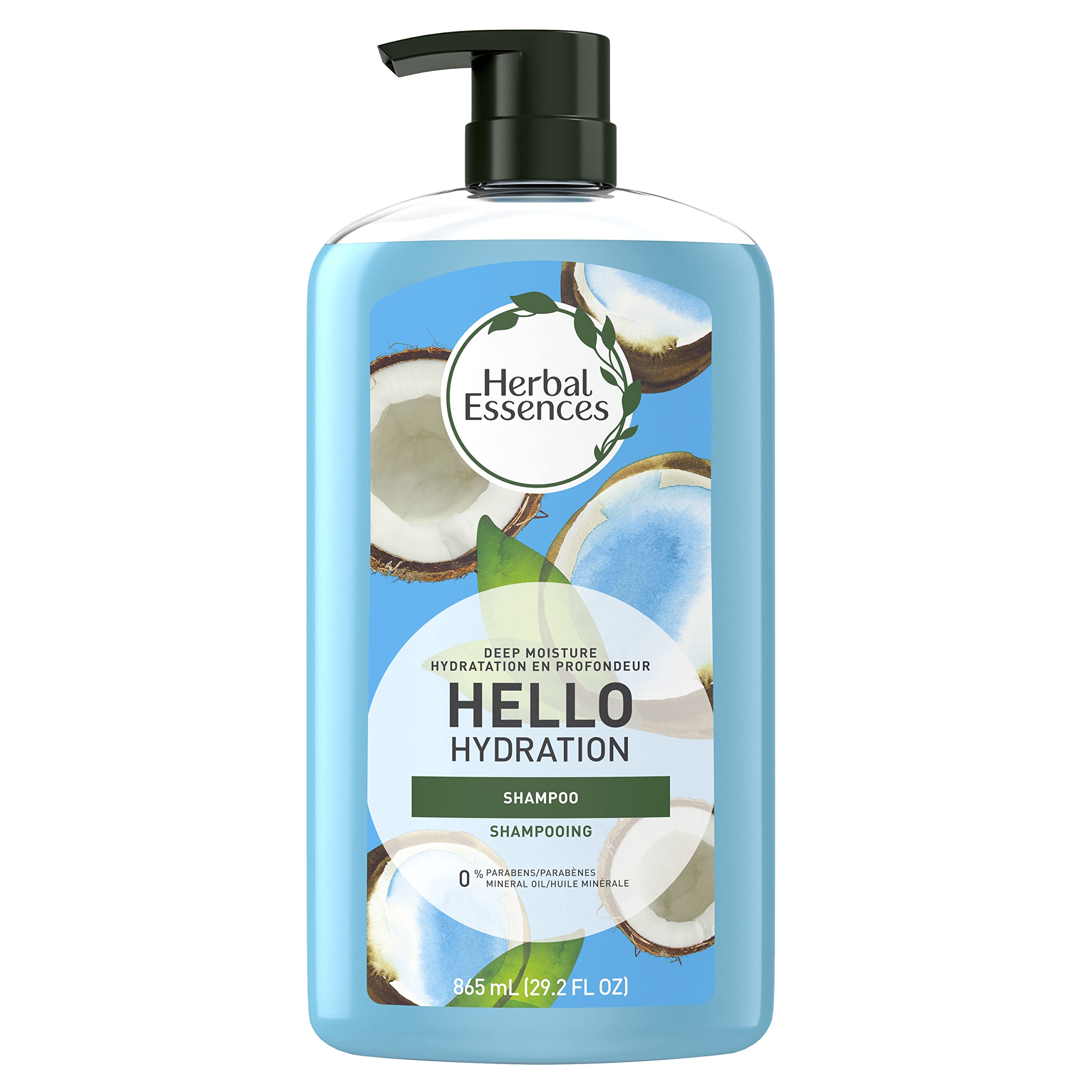 Herbal Essences Hello Hydration shampoo bottle, moisturizing formula and coconut scent for hydration.