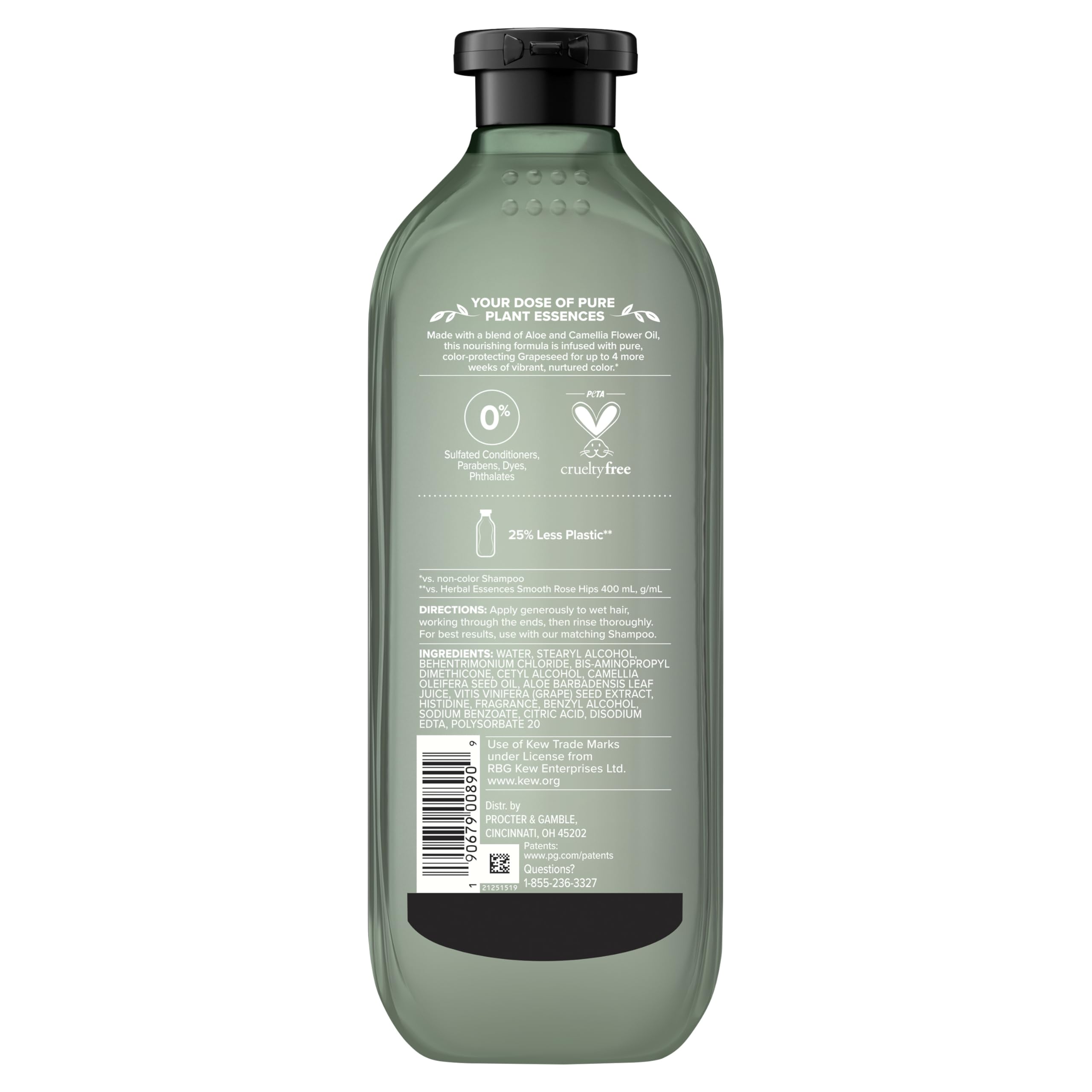 Kew certification label on Herbal Essences bottle reinforcing trusted, natural ingredients