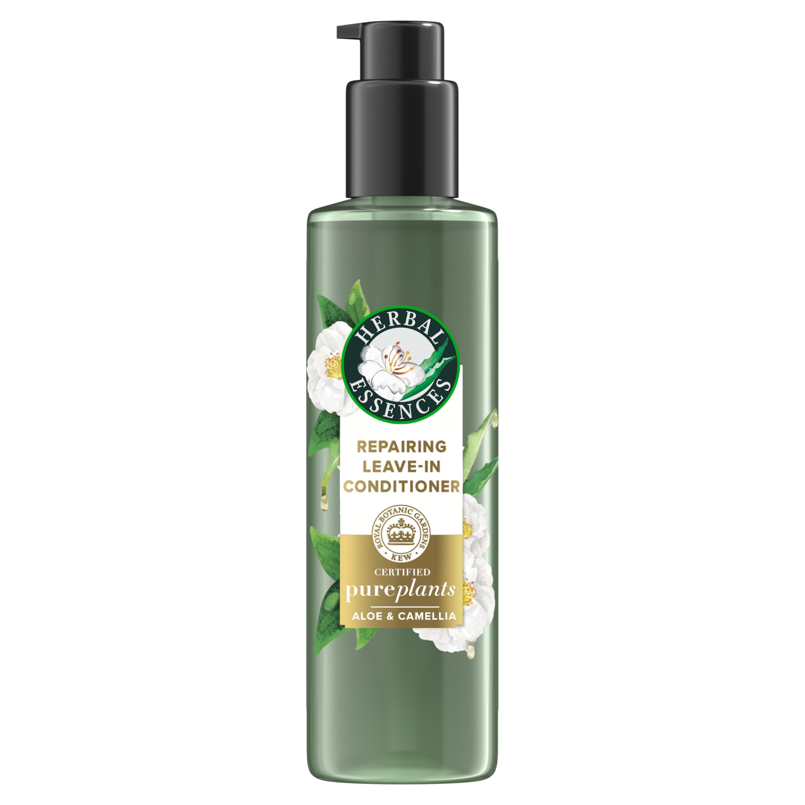 Acondicionador sin enjuague Herbal Essences Repairing, botella visible, cabello suave y nutrido.