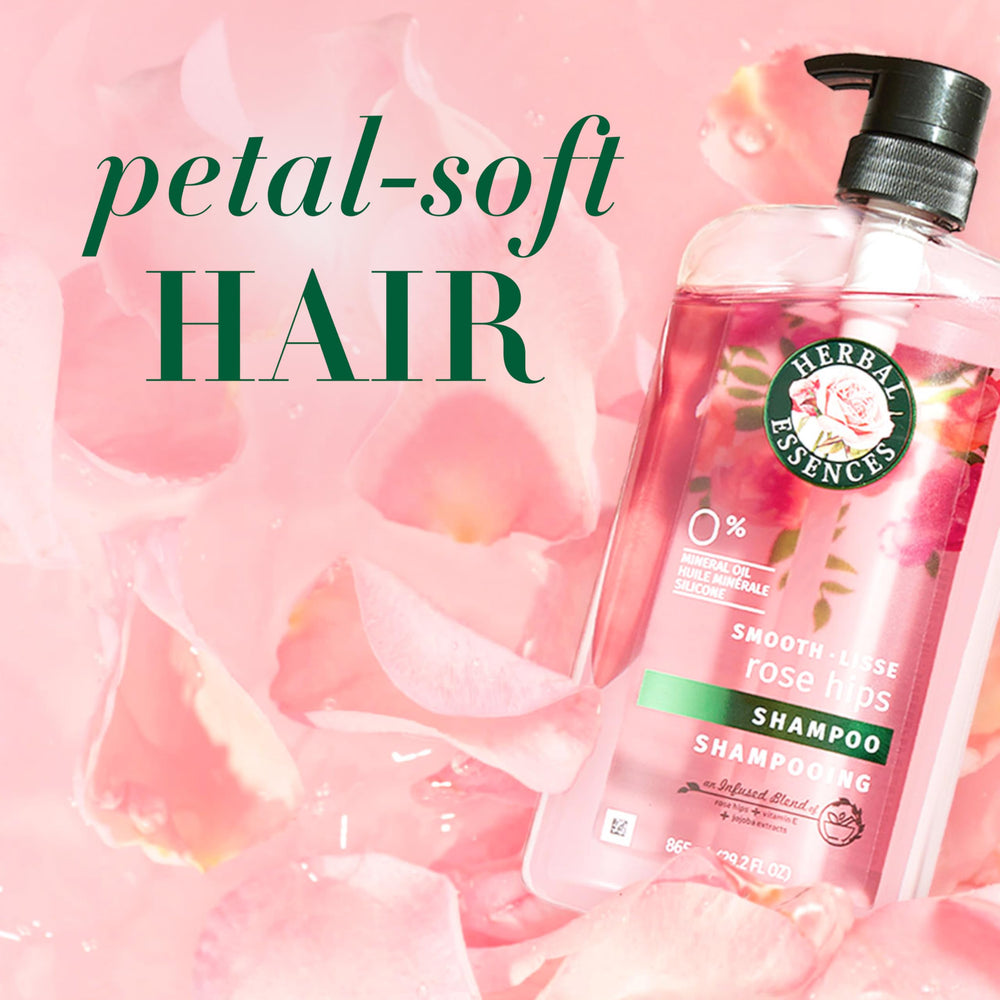 Herbal Essences Rose Hips image with jojoba oil drop delivering moisture.