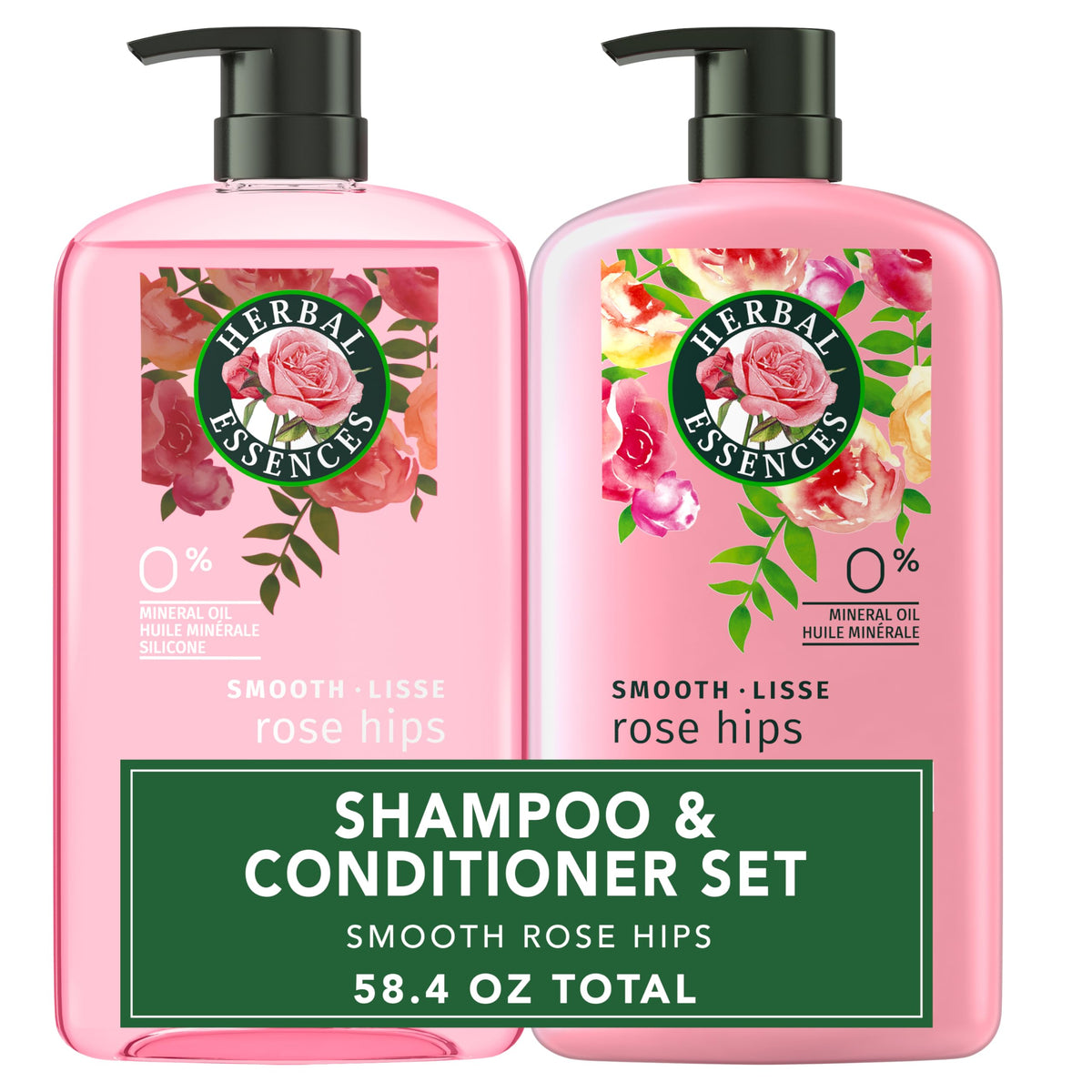 Herbal Essences Rose Hips shampoo bottle highlights frizz control for smooth hair.