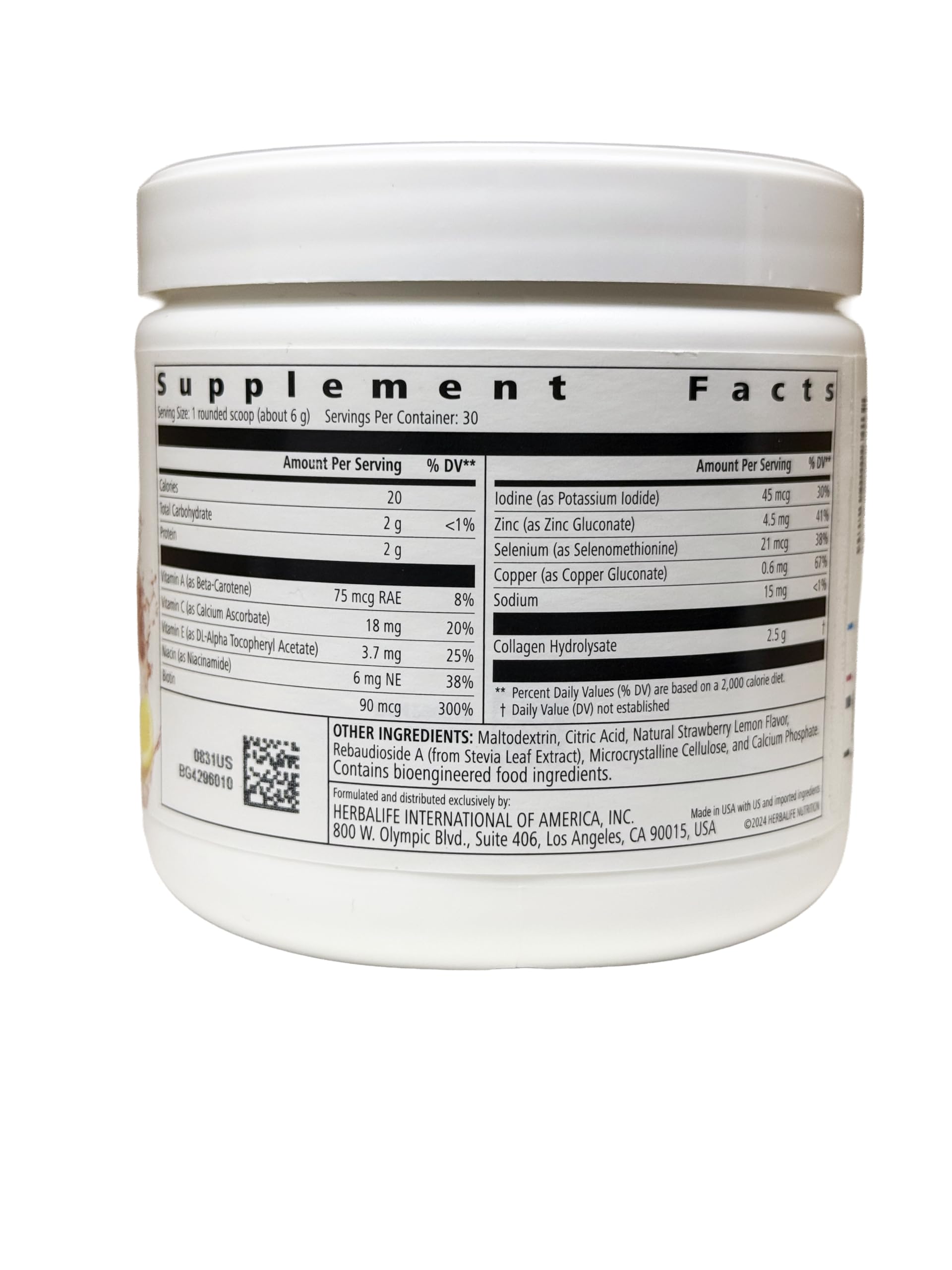 Herbalife SKIN collagen label close-up detailing skin-supporting ingredients.