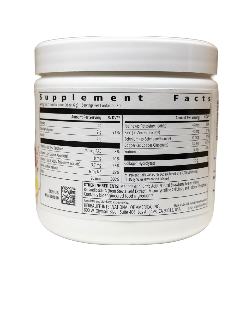 Herbalife SKIN collagen label close-up detailing skin-supporting ingredients.