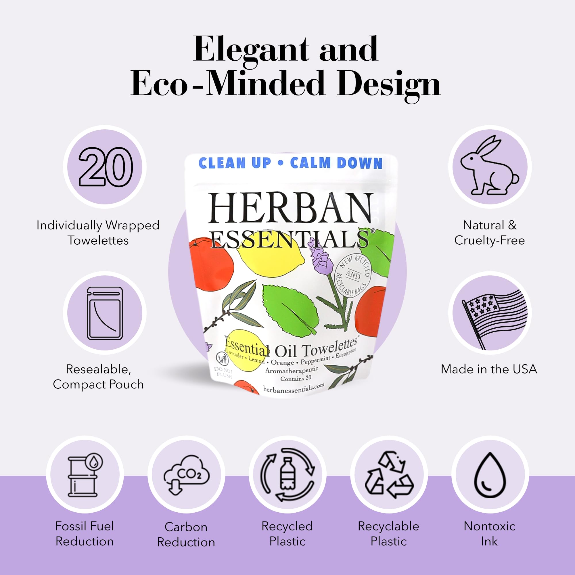 Herban Essentials peppermint towelette for a refreshing cool sensation on hands.