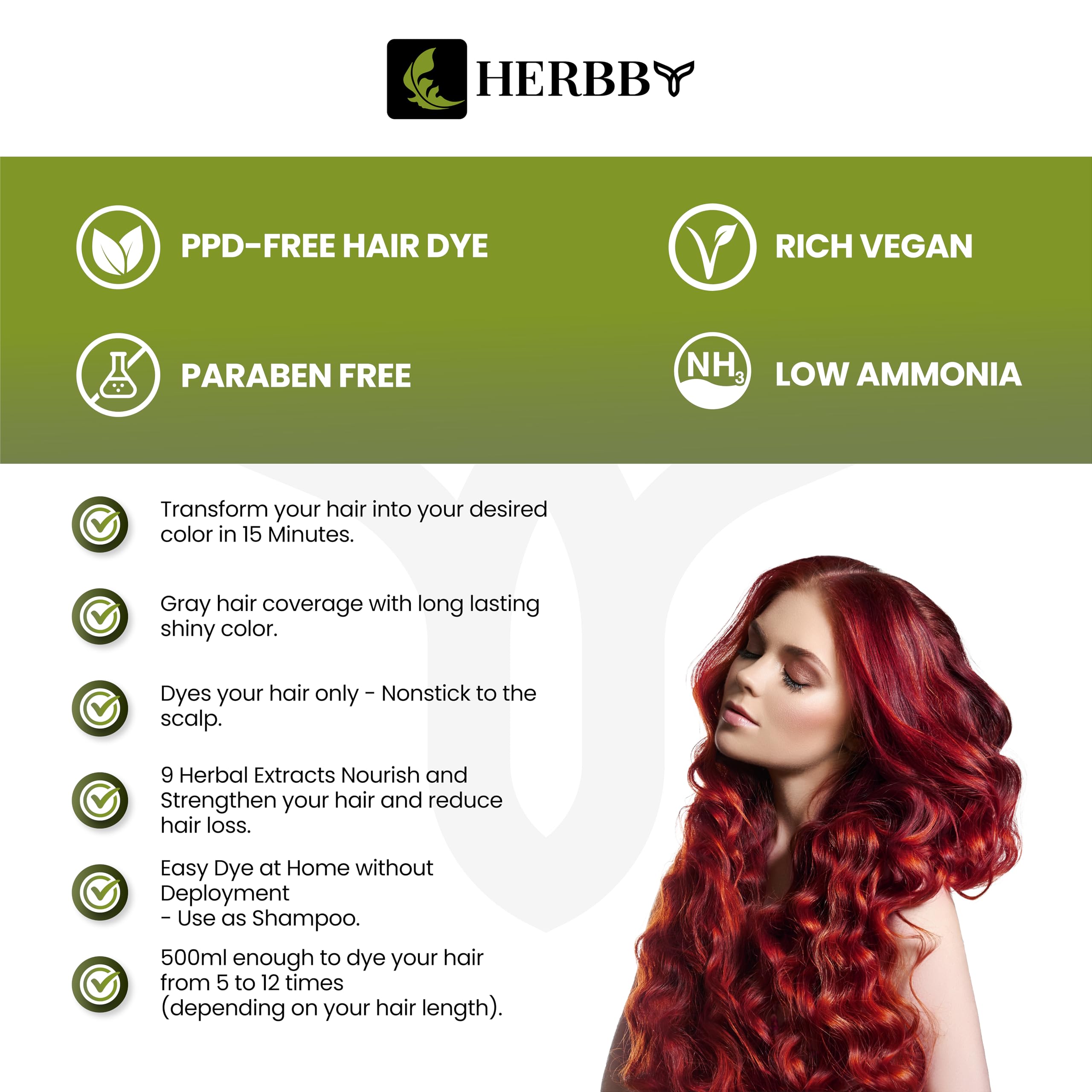 HERBBY nourishes with nine herbal extracts for stronger hair.