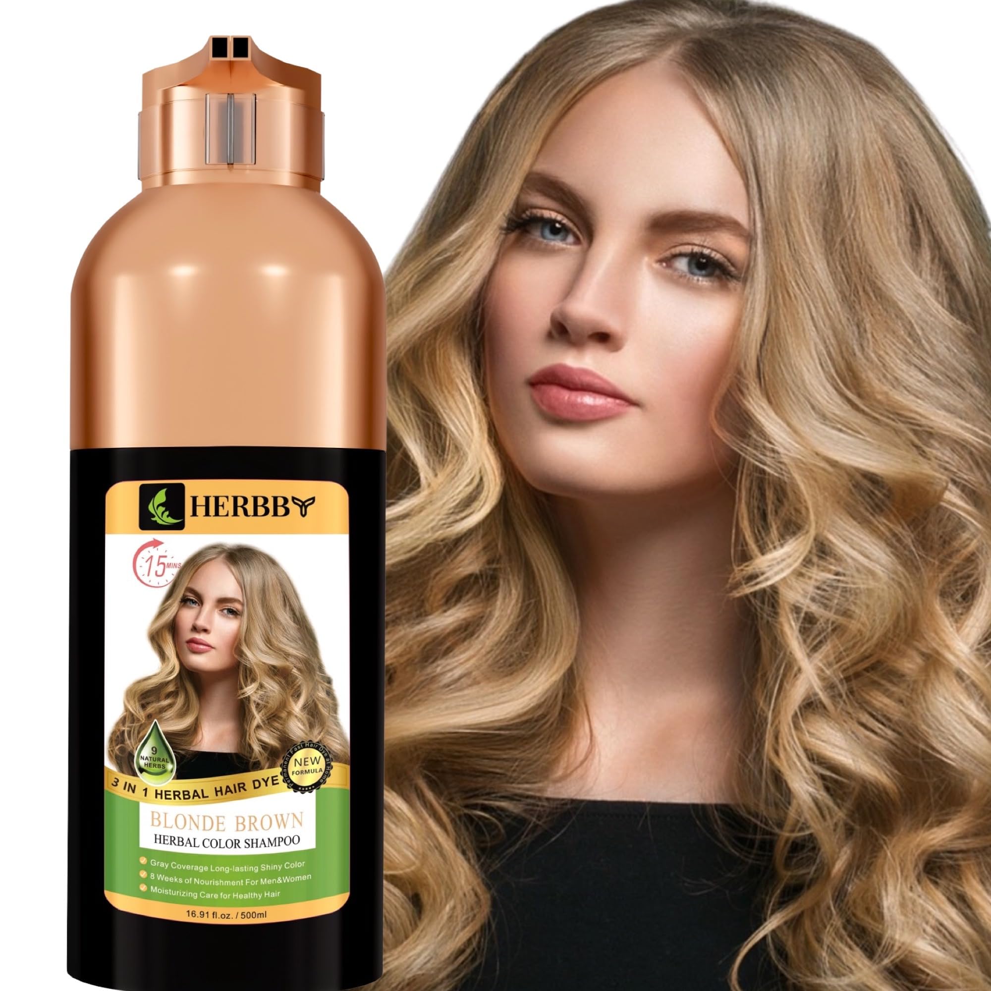 HERBBY gray-coverage shampoo bottle showing natural gray hair transformation