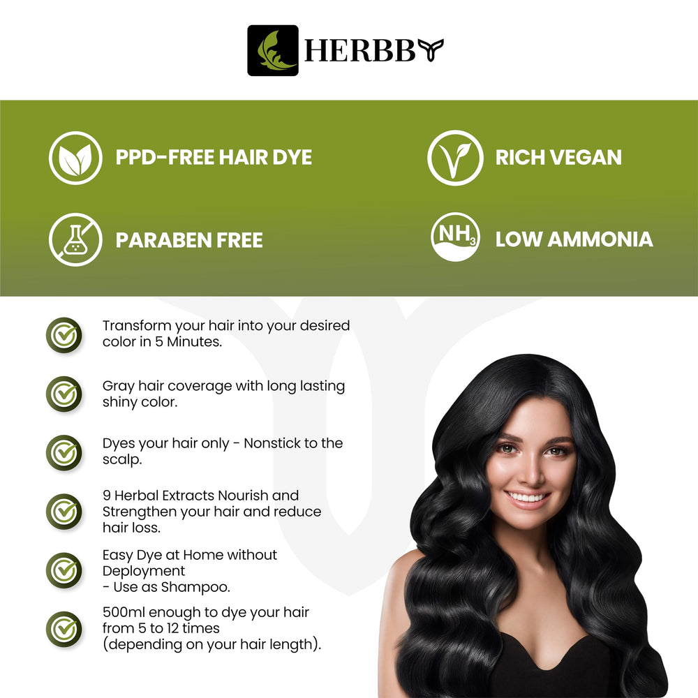 Applying HERBBY hair color shampoo to dry hair for even coverage