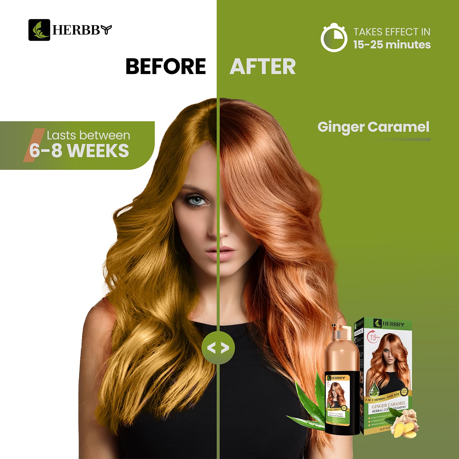 HERBBY Hair Color Shampoo demonstrates easy at-home color transformation.