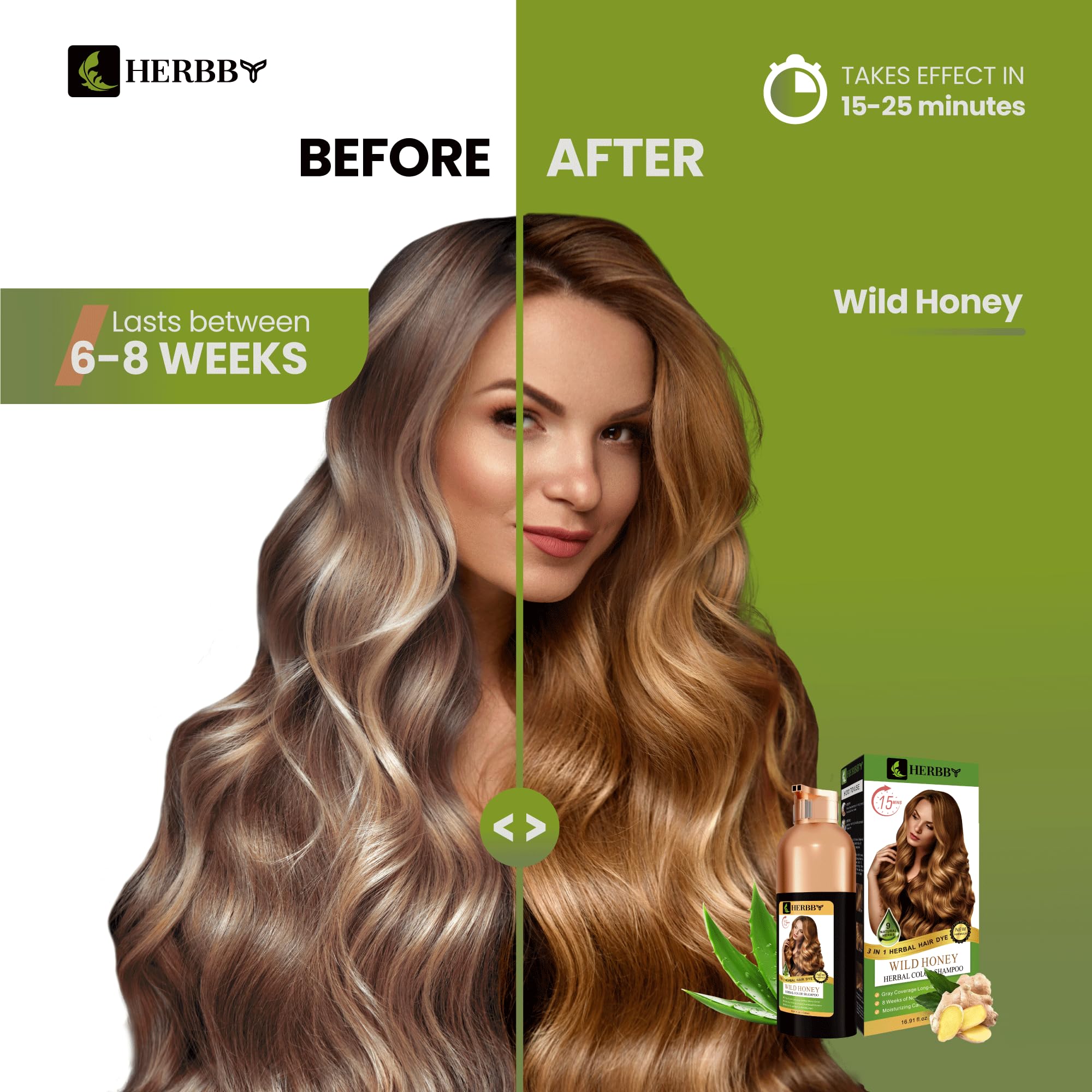 HERBBY Hair Color Shampoo color-transformation demonstrates even, vibrant tone.