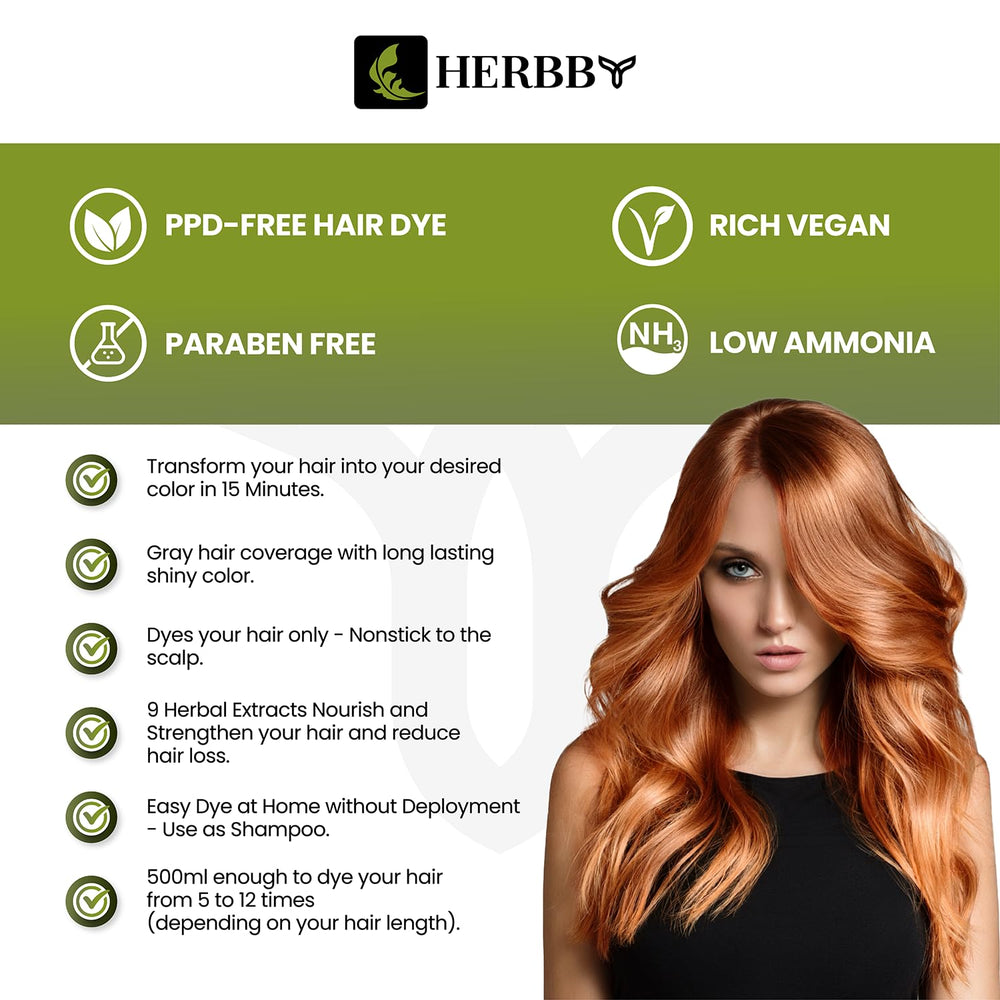 HERBBY Hair Color Shampoo delivers long-lasting color for 6–8 weeks.