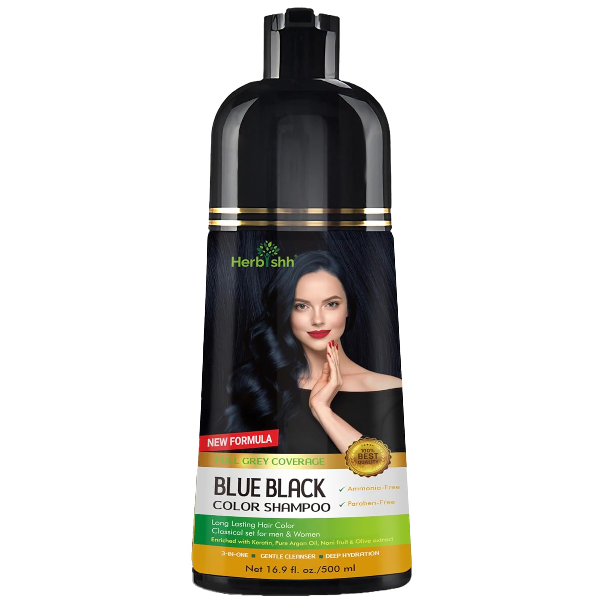 Herbishh blue-black hair color shampoo bottle for at-home color in minutes.