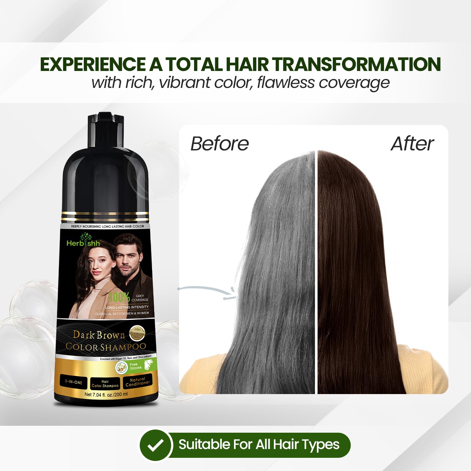 Herbishh Dark Brown Shampoo – cabello más vivo: aspecto saludable tras coloración no permanente.