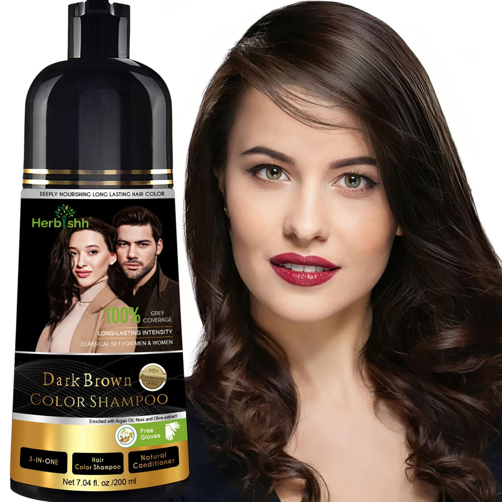 Herbishh Dark Brown Shampoo – caja: coloración rápida y cuidado en una sola pasada.