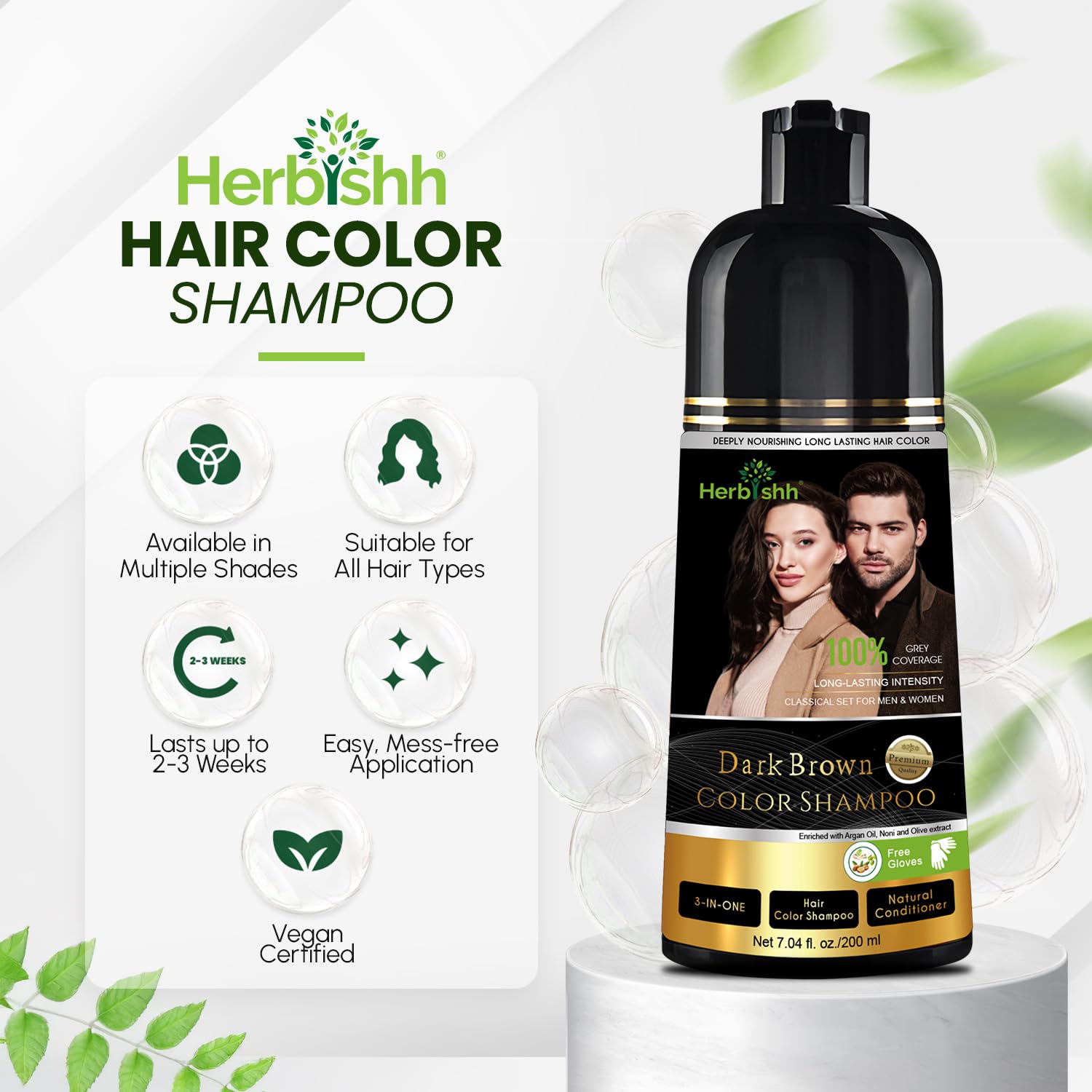 Herbishh Dark Brown Shampoo – cobertura de canas: gris cubierto de forma natural.