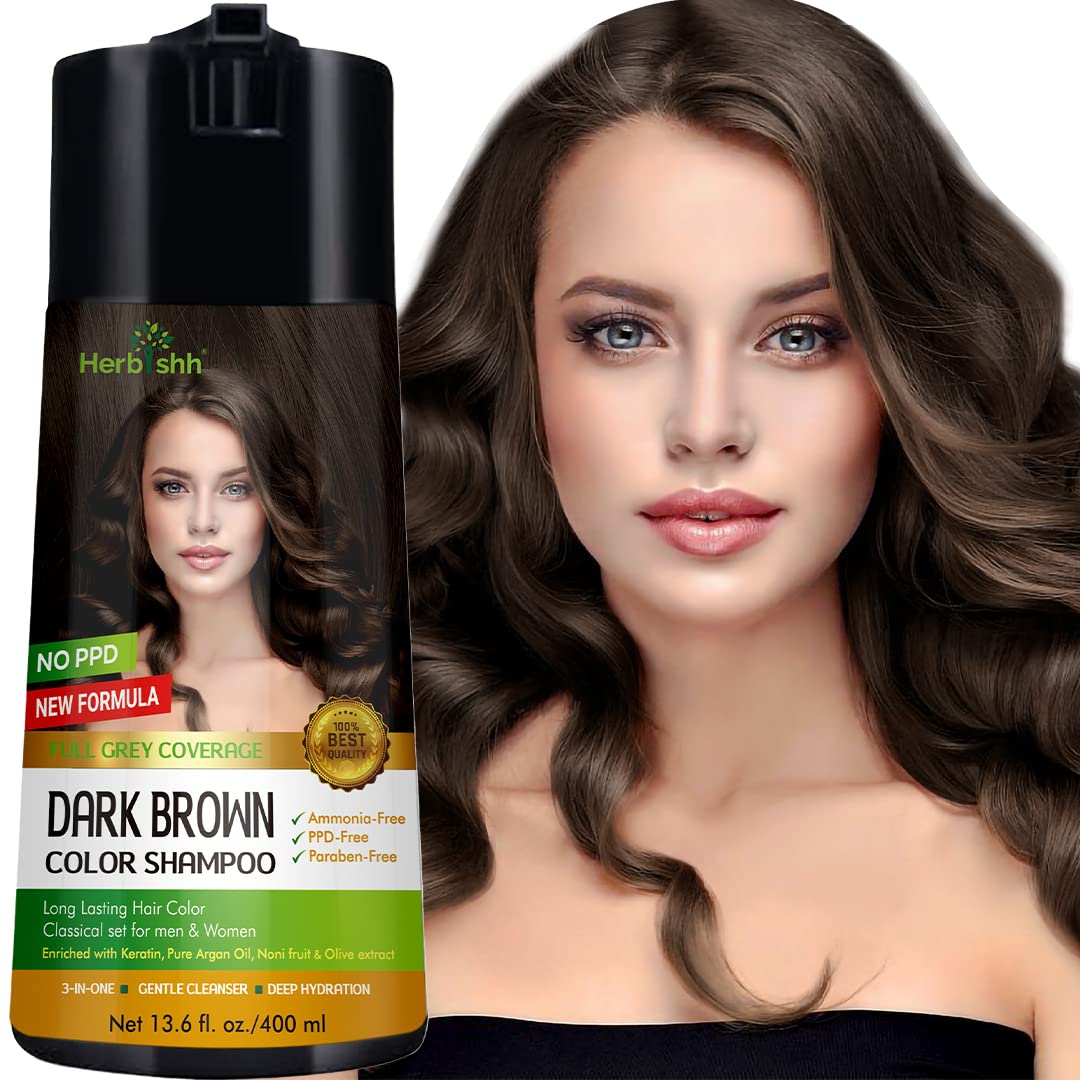 Herbishh Hair Color Shampoo bottle pours for gray coverage in dark brown