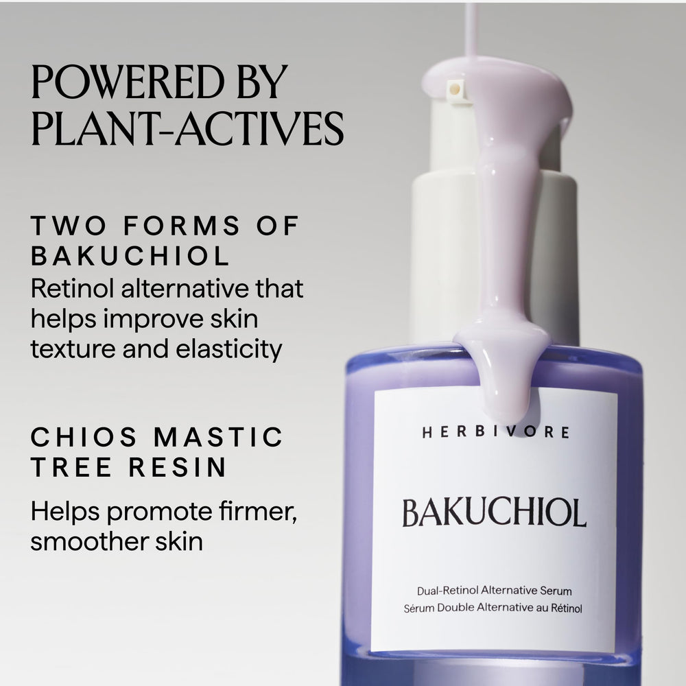 Herbivore Bakuchiol serum dropper ready for easy application under moisturizer.