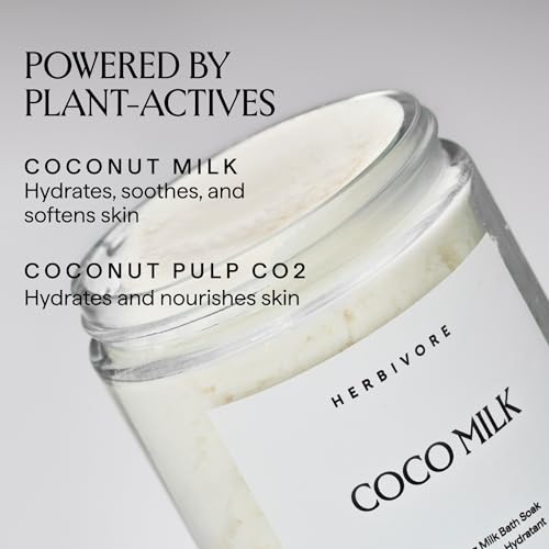 HERBIVORE Coconut Milk Bath Soak bottle closeup highlights creamy formula for daily pampering