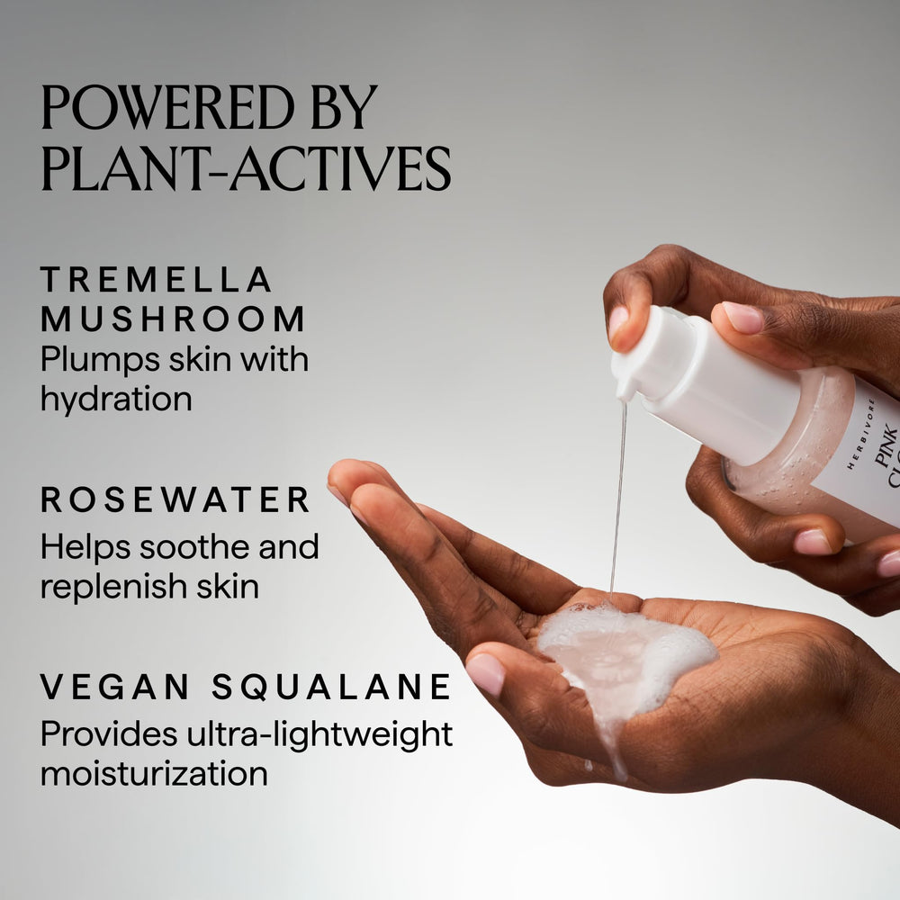 HERBIVORE Pink Cloud Cleanser with rosewater infusion for gentle cleansing.