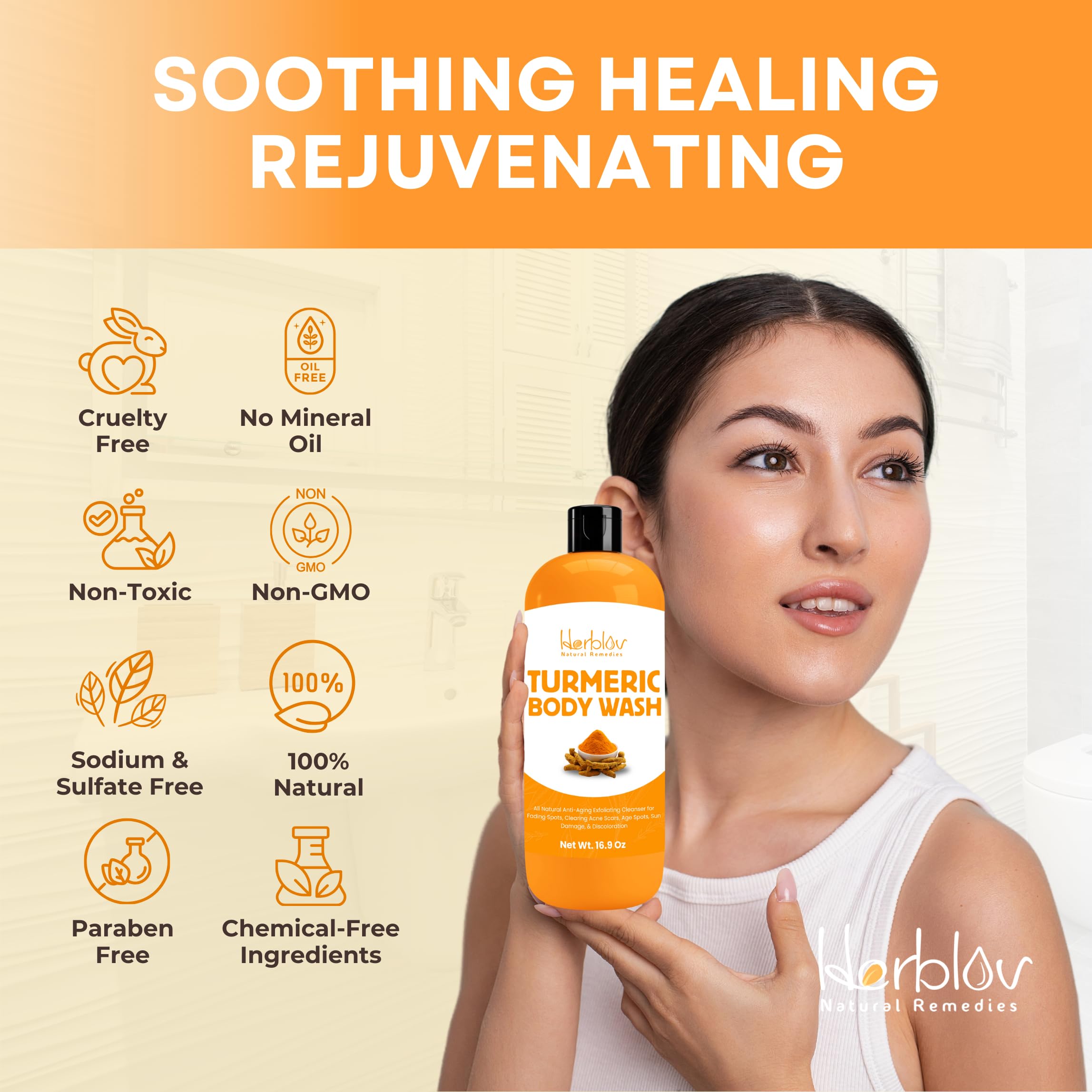 Herblov Ducha con Cúrcuma: aplicación de cabeza a pies, uso diario.