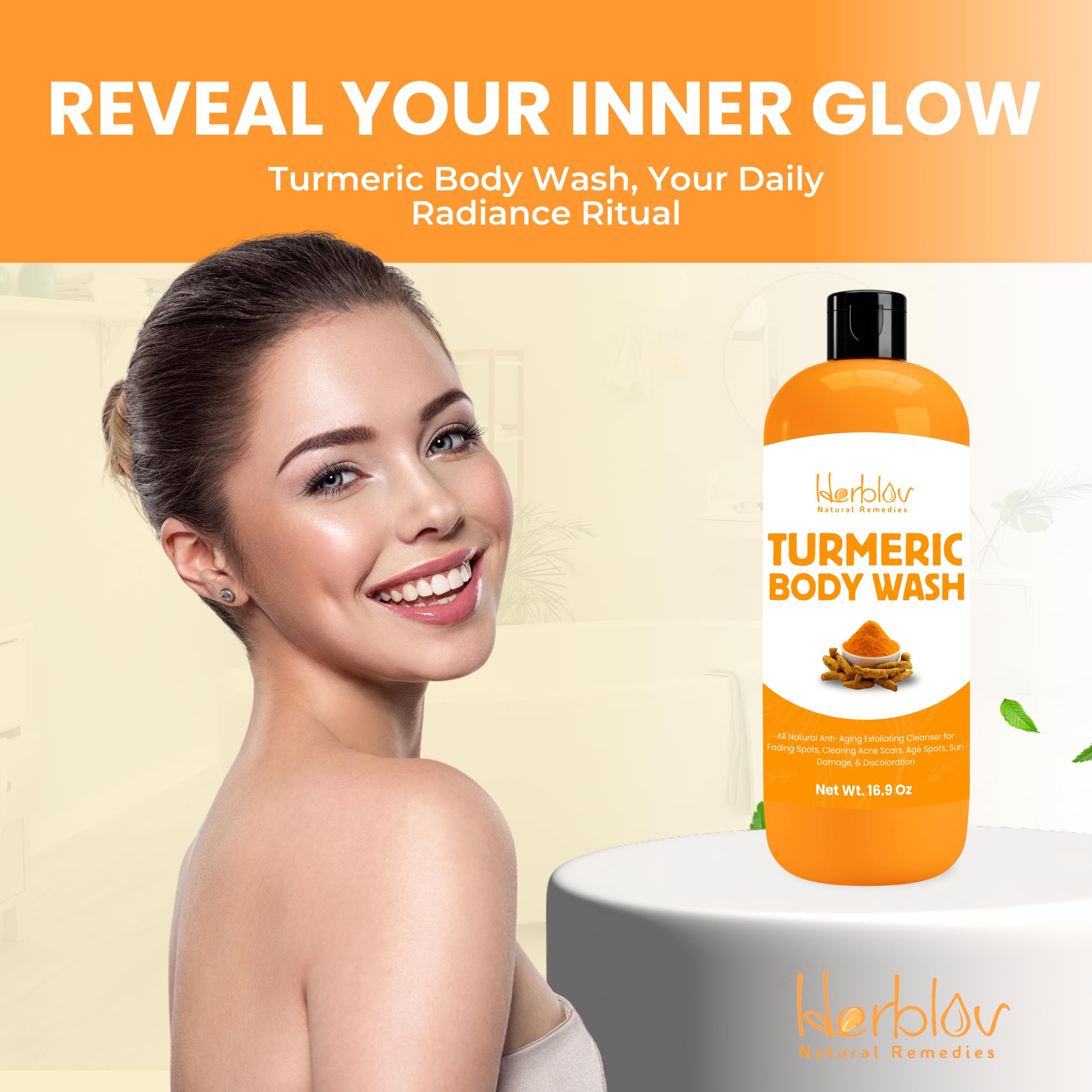 Herblov Ducha con Cúrcuma: mascarilla corporal suave para piel más uniforme.