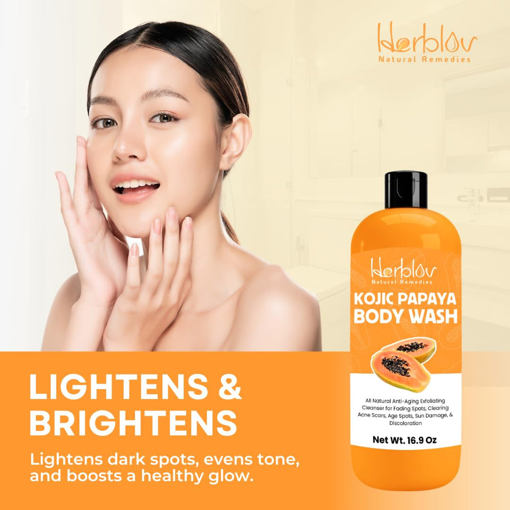 Herblov Kojic Acid Soap bottle pour showcases smooth cleansing experience.