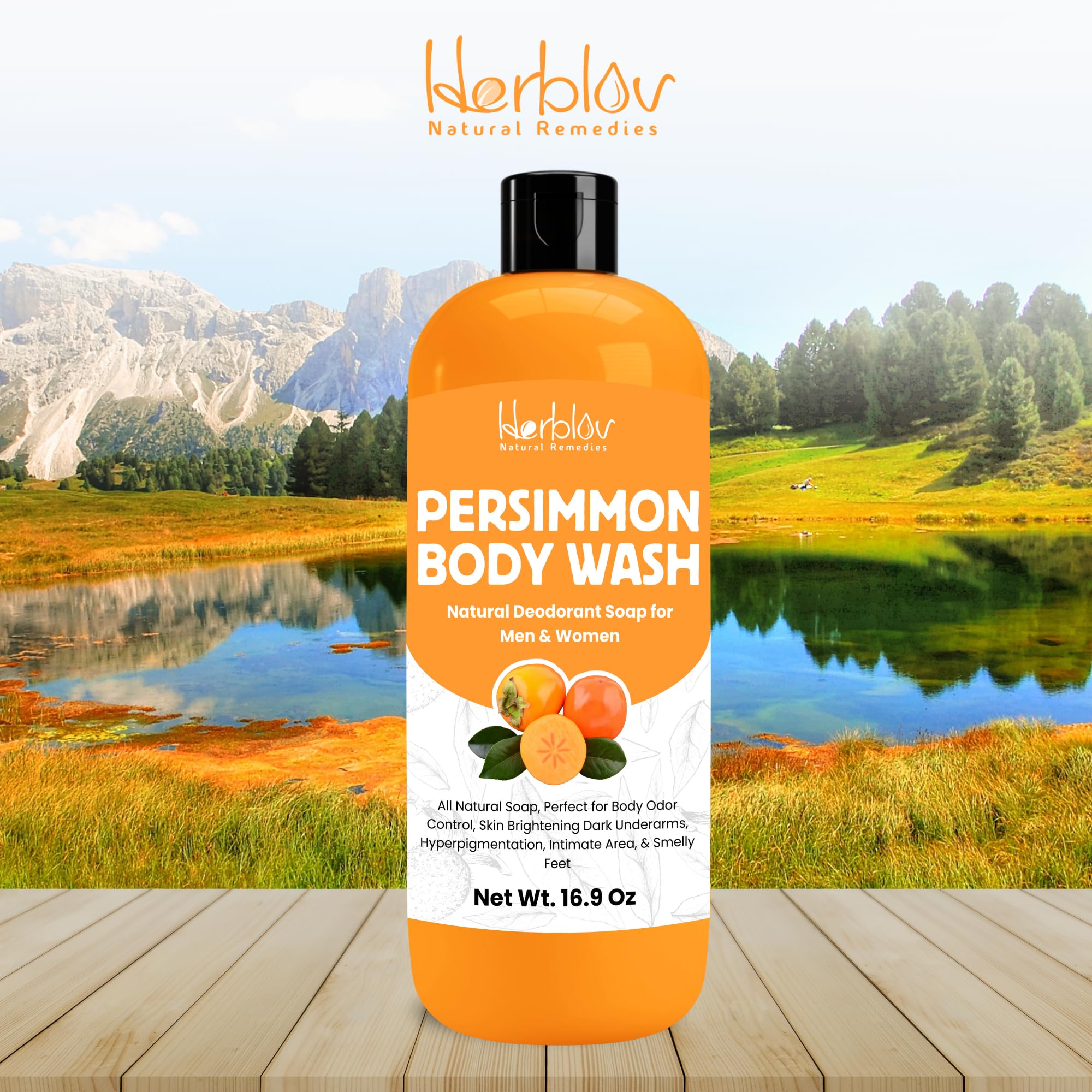 Herblov Persimmon, etiqueta muestra ingredientes naturales para limpieza diaria.