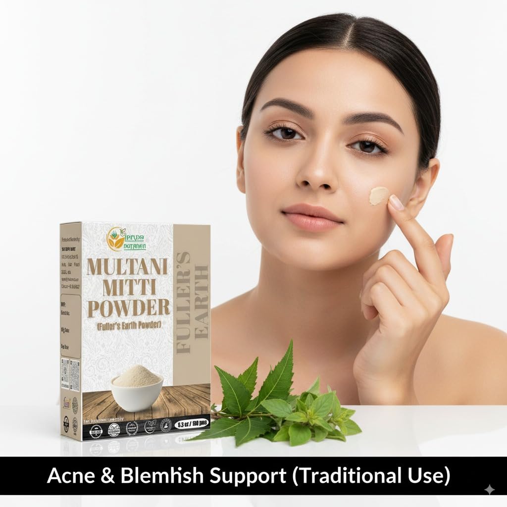 Drying Multani Mitti mask shows matte finish during setting.