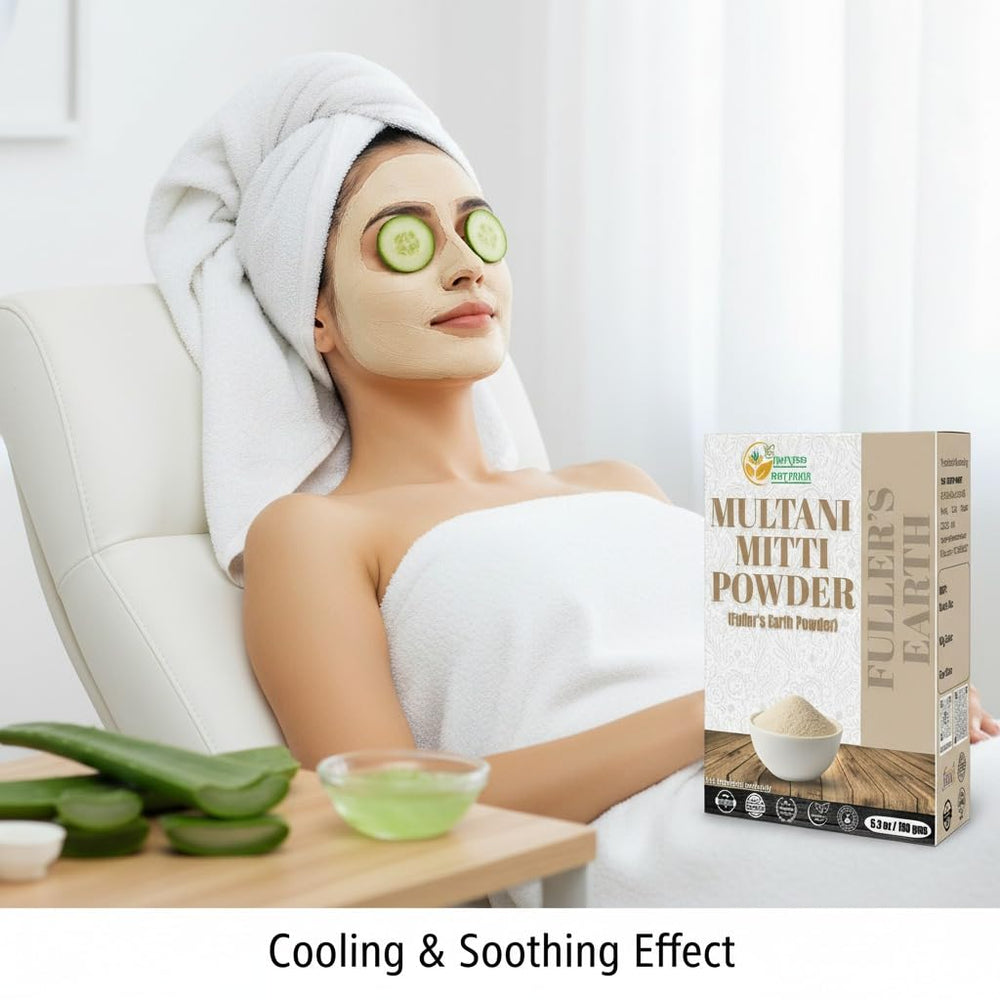 Application of Multani Mitti face mask on skin for cooling feel.