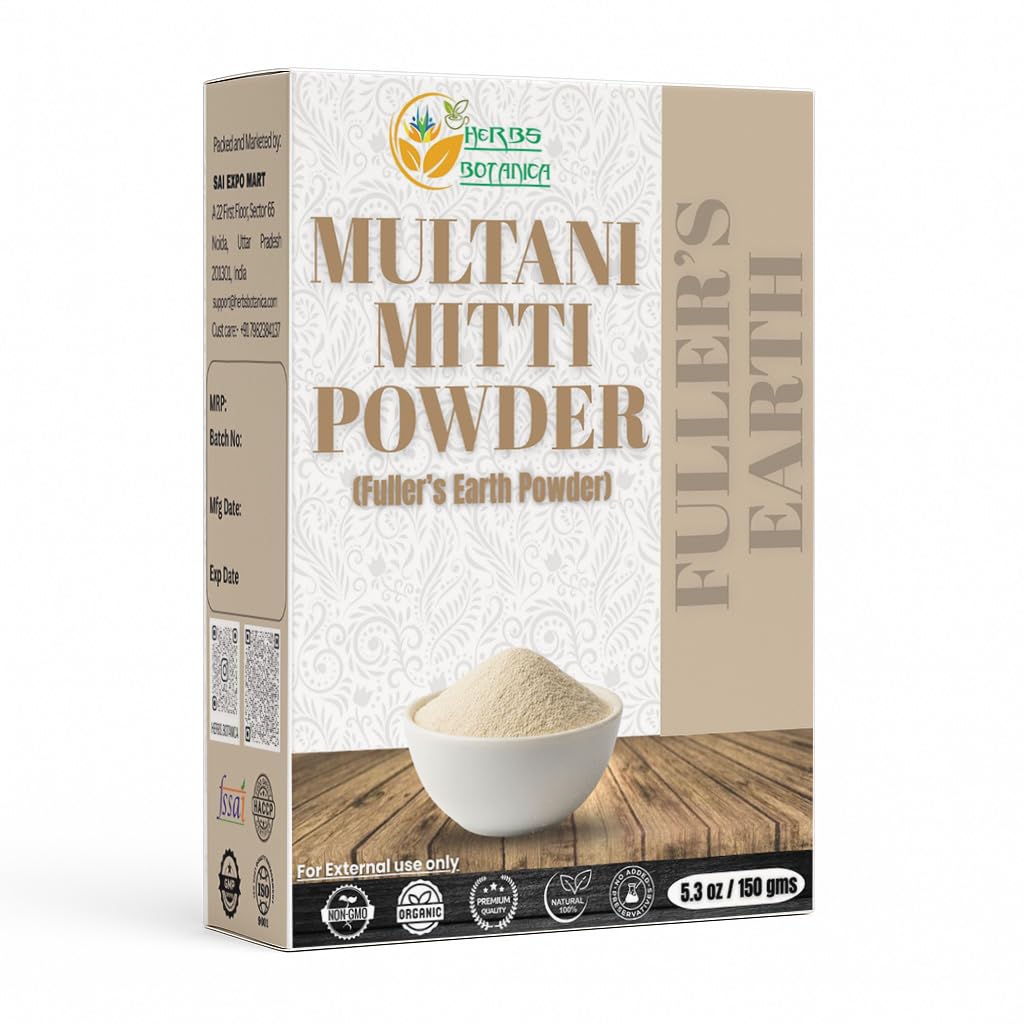 Herbs Botanica Multani Mitti packaging visible for natural skincare routine.