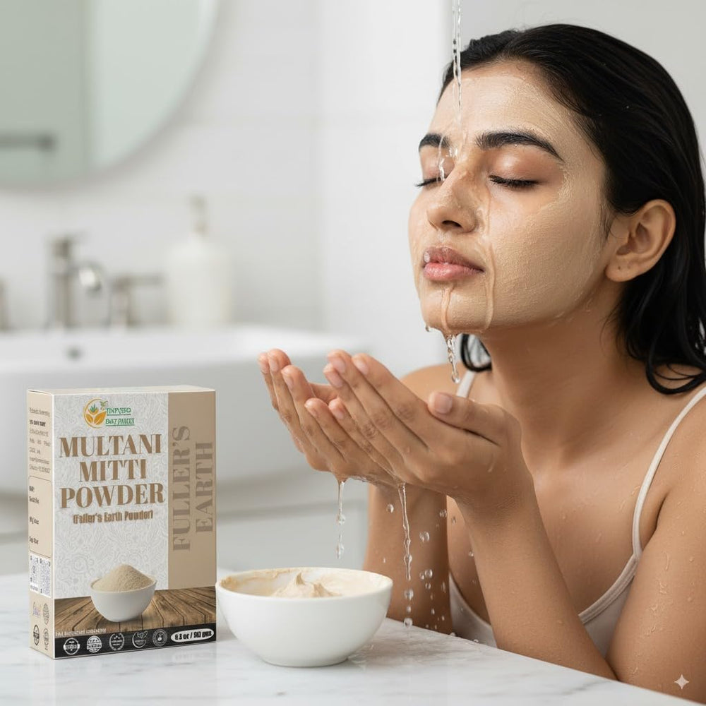 Rose water mix with Multani Mitti, suggesting gentle hydrating application.
