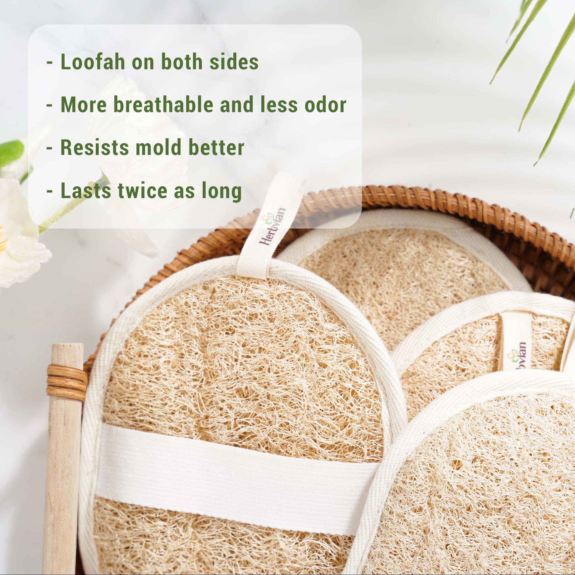 Esponja Herbvian lufa vietnamita, textura natural para exfoliar suavemente la piel.