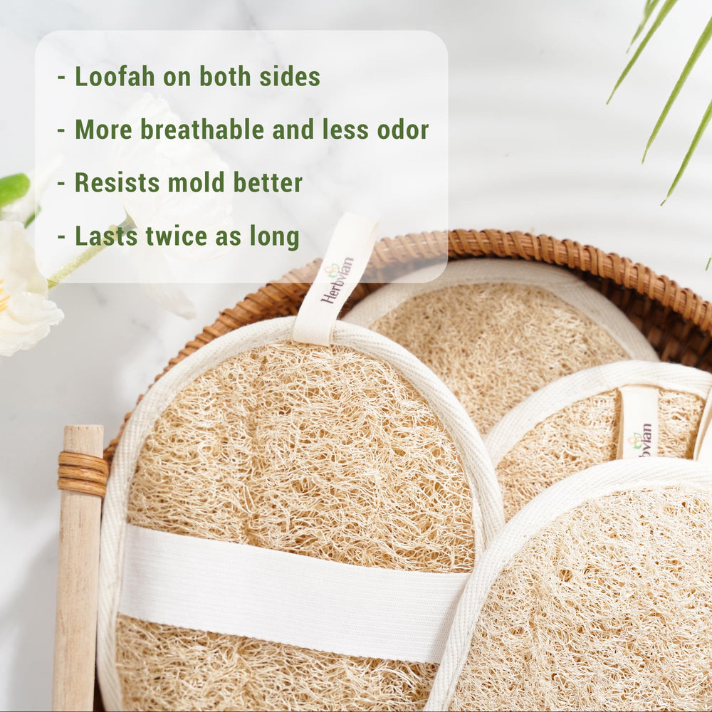 Esponja Herbvian lufa vietnamita, textura natural para exfoliar suavemente la piel.
