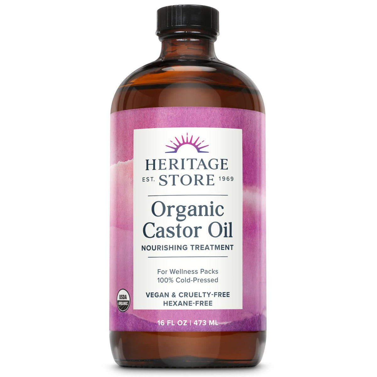 HERITAGE STORE Aceite de ricino en frasco de cristal para hidratación profunda del cabello y piel.