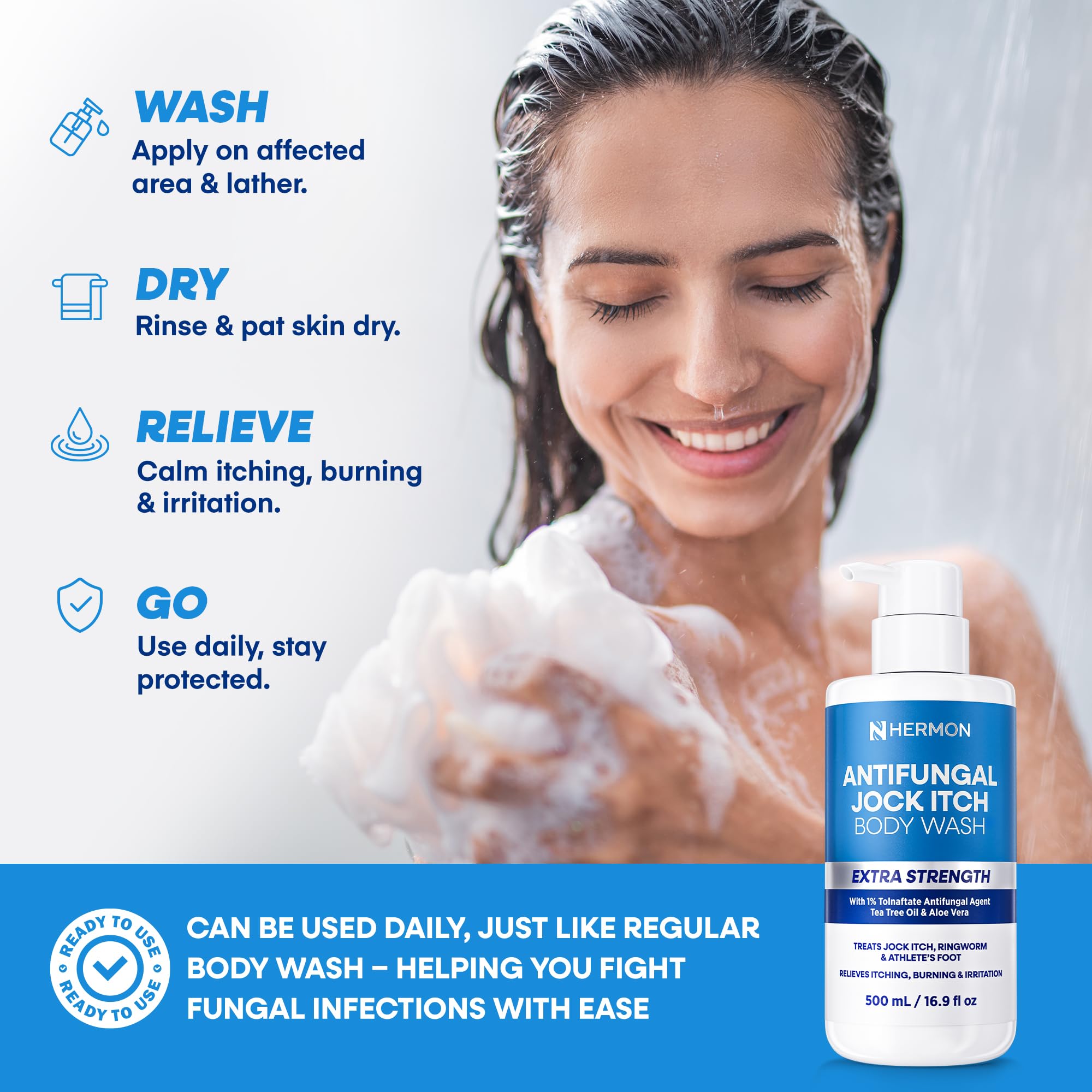 Hermon Antifungal Body Wash bottle with label for daily use by athletes.