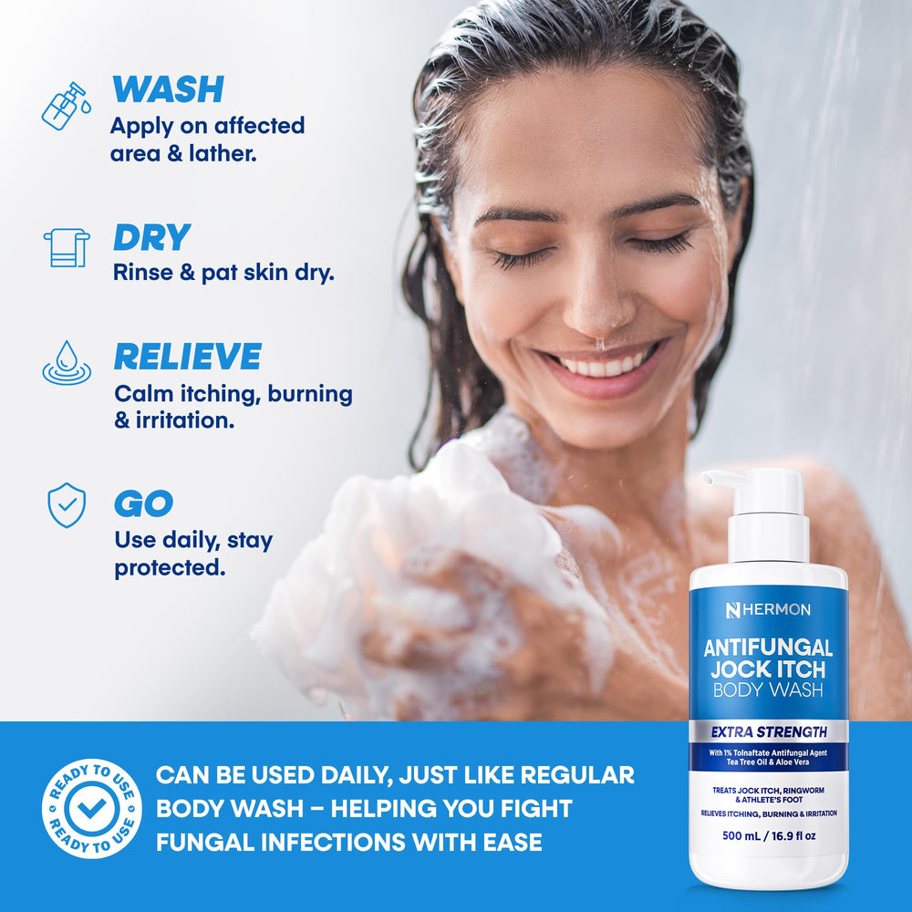 Hermon Antifungal Body Wash bottle with label for daily use by athletes.